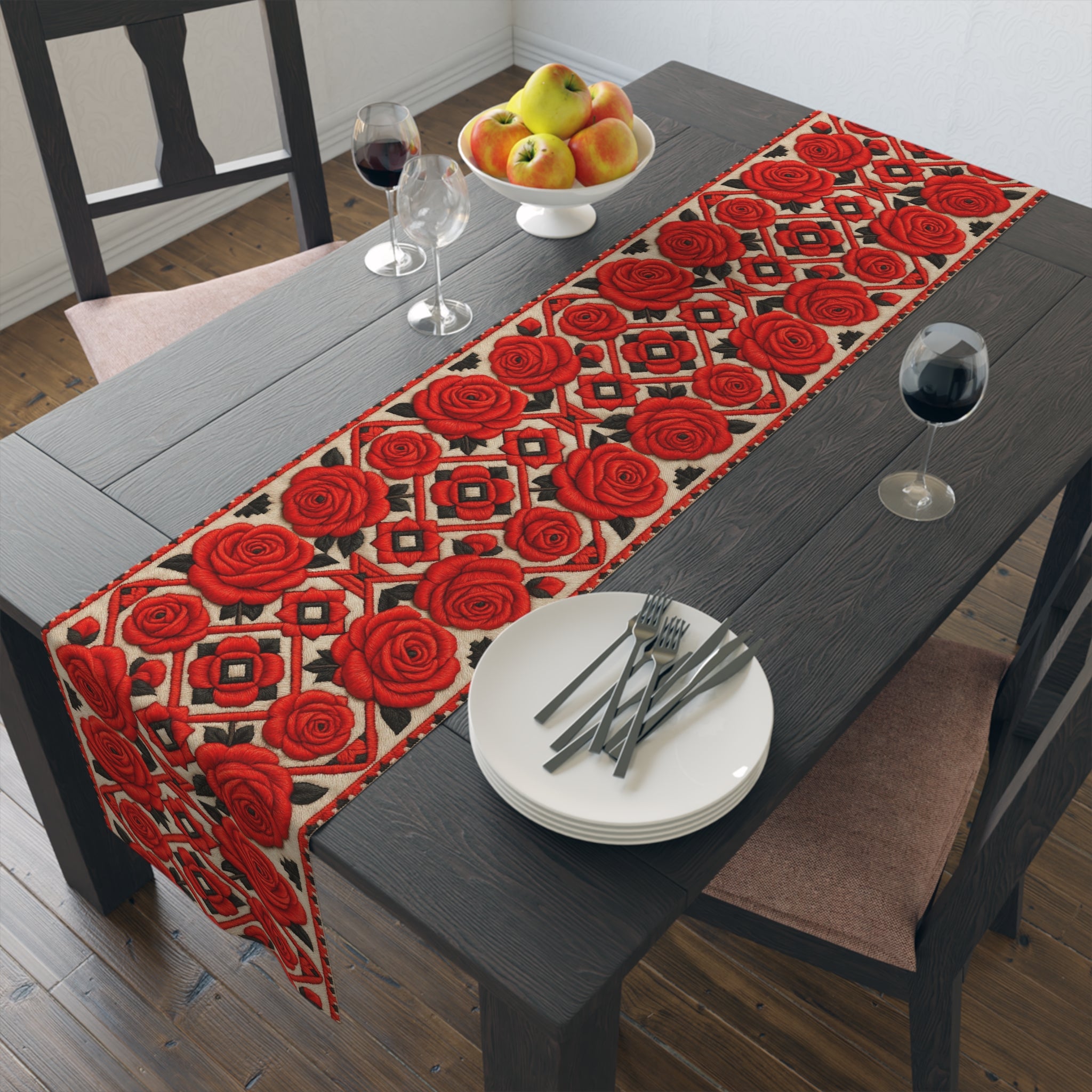 Red Roses Table Runner | Vintage Geometric Floral Dining Decor | Cotton Twill & Polyester