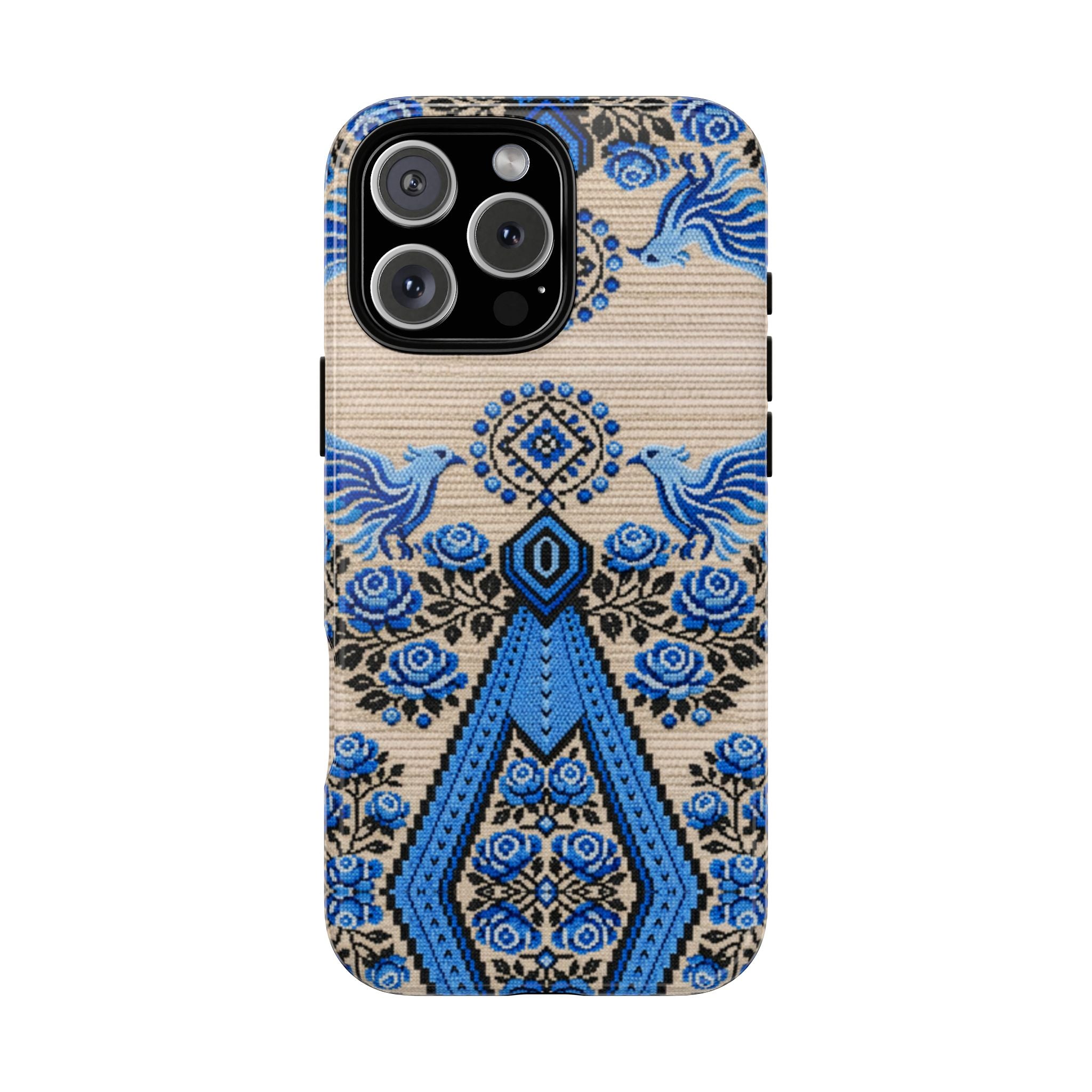Ukrainian Phone Case  Blue Black Berehynia Design, Falcons & Roses Folk Art, Slavic Embroidery Style Protective Cover