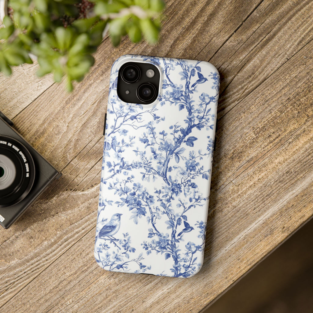 BLUESKYDEZIGN | Blue Floral Toile Phone Case | Vintage Porcelain Birds & Branches iPhone Cover | Elegant Gift for Her