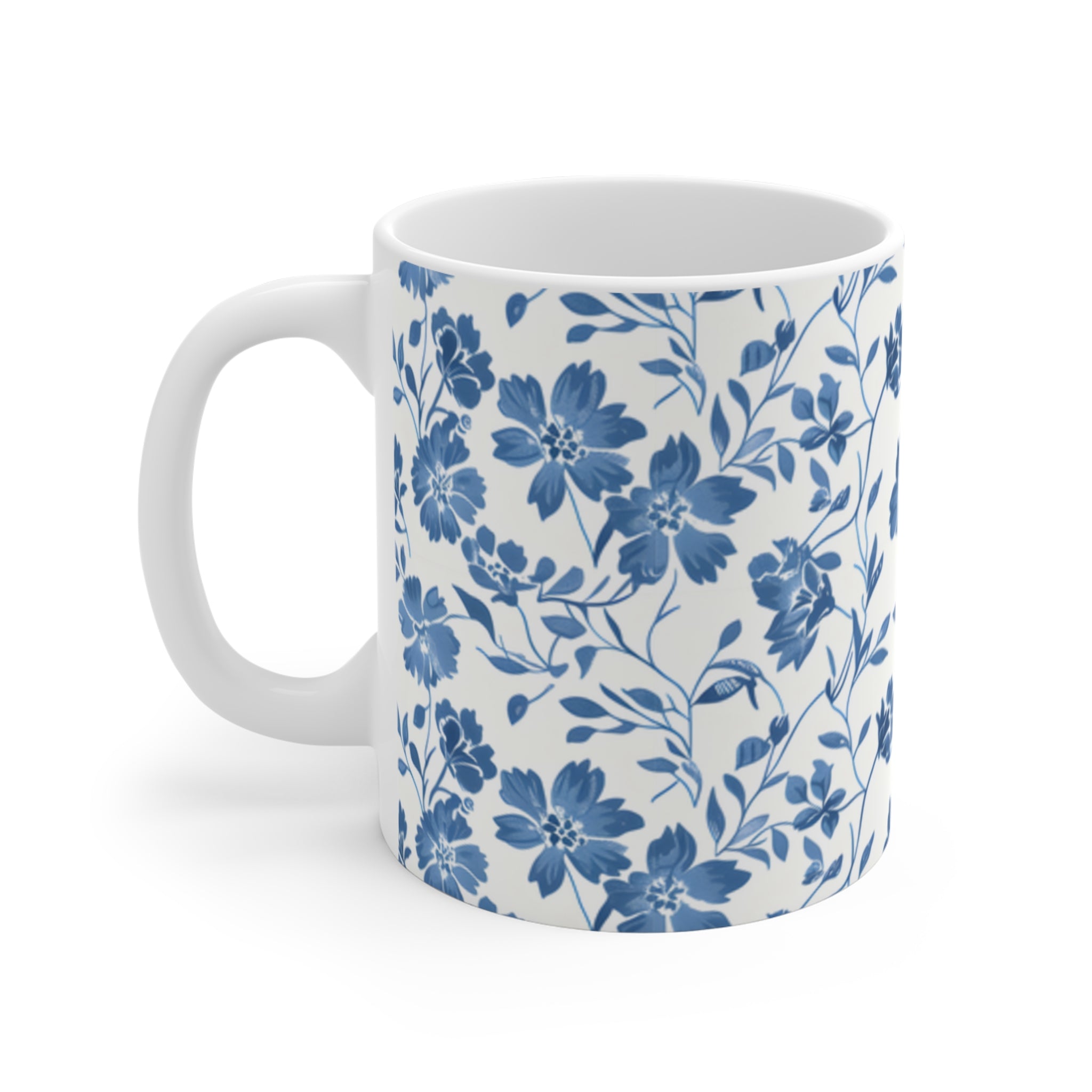 Blue Floral Ceramic Mug 11oz, Elegant Botanical Coffee Cup, Classic Flower Pattern Drinkware for Home  Office