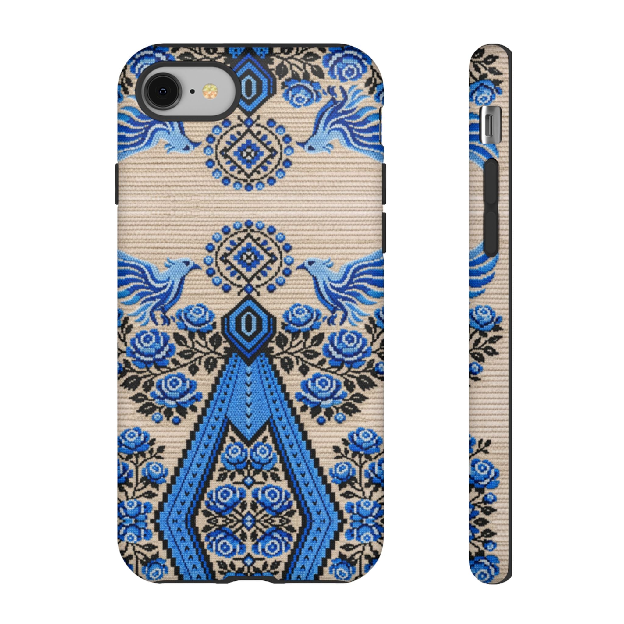 Ukrainian Phone Case  Blue Black Berehynia Design, Falcons & Roses Folk Art, Slavic Embroidery Style Protective Cover