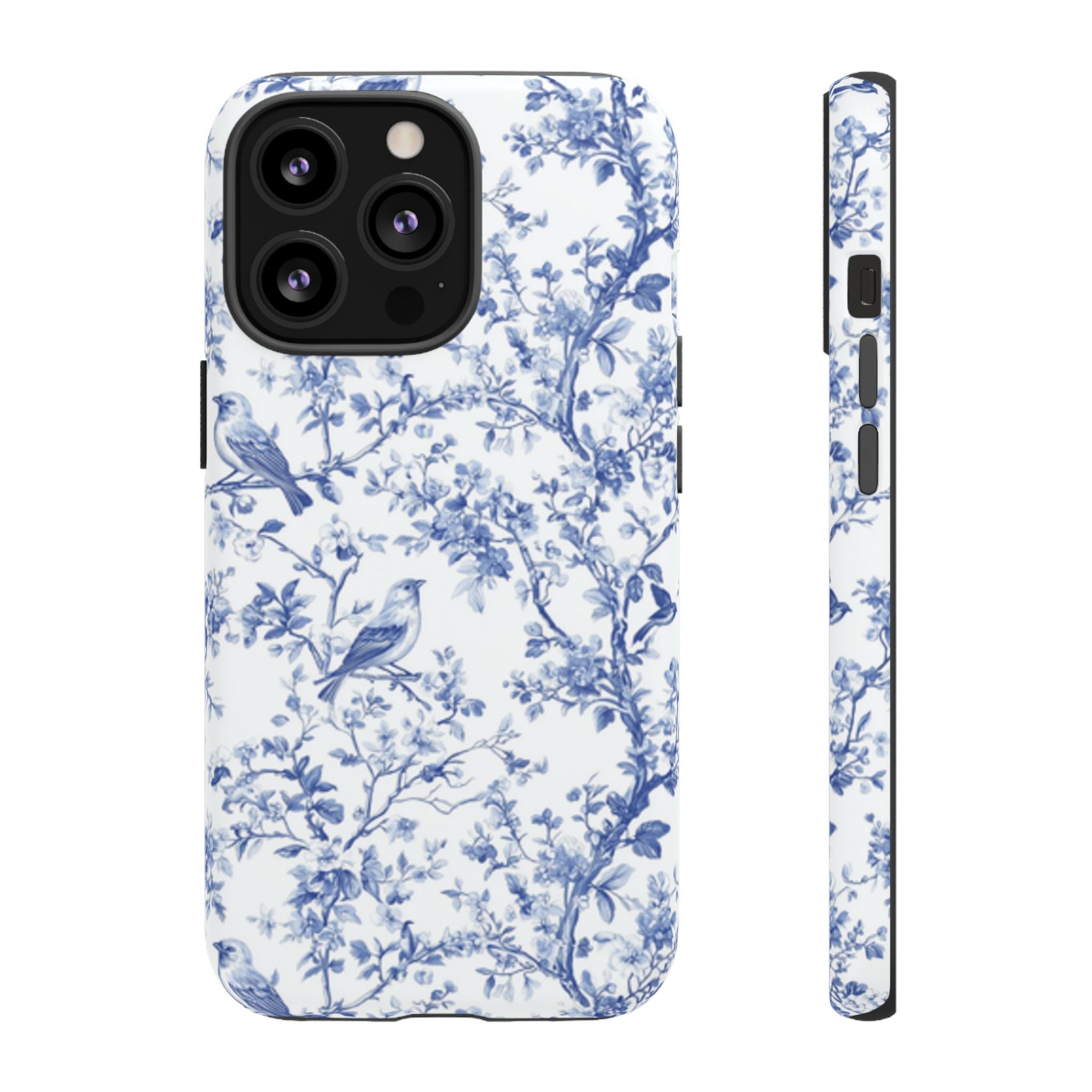 Blue Floral Vine Phone Case, Toile-inspired romantic floral Marbleized Branch Pattern