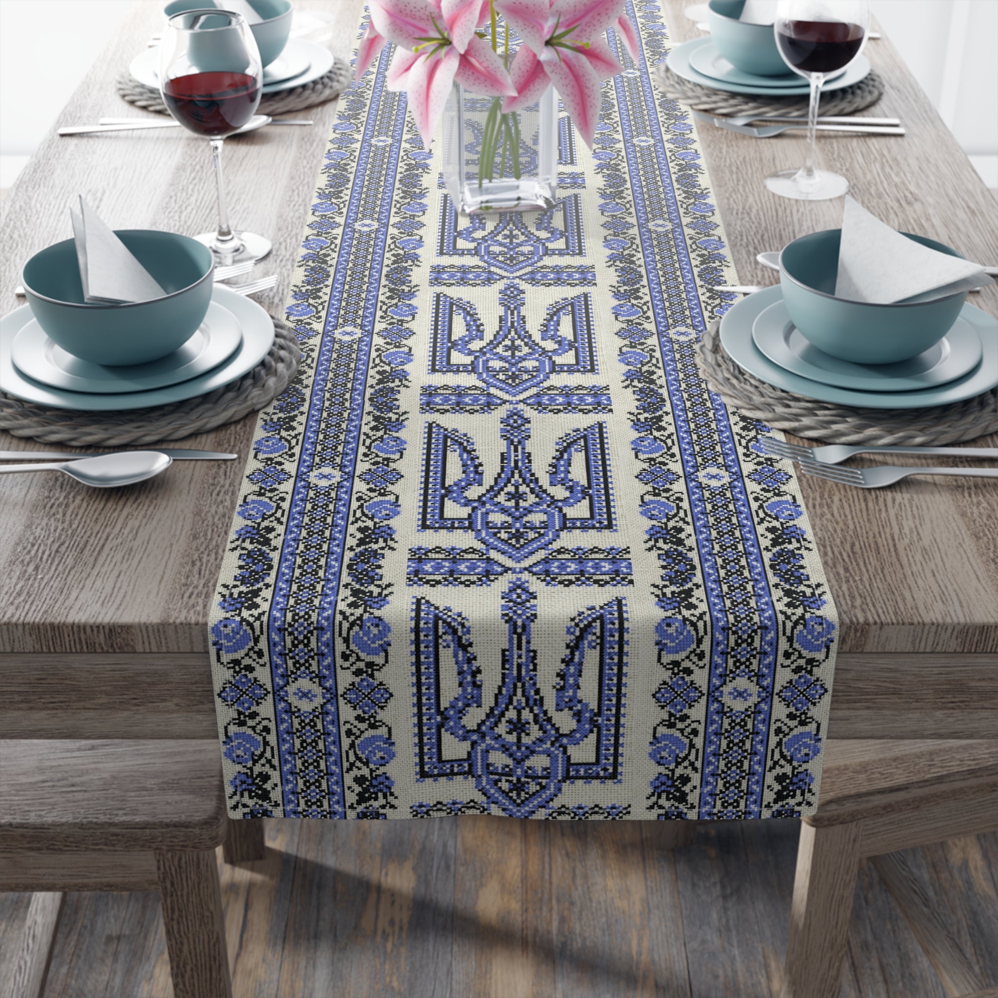 Ukrainian Trident Blue Table Runner | Tryzub Folk Decor | Cotton or Polyester