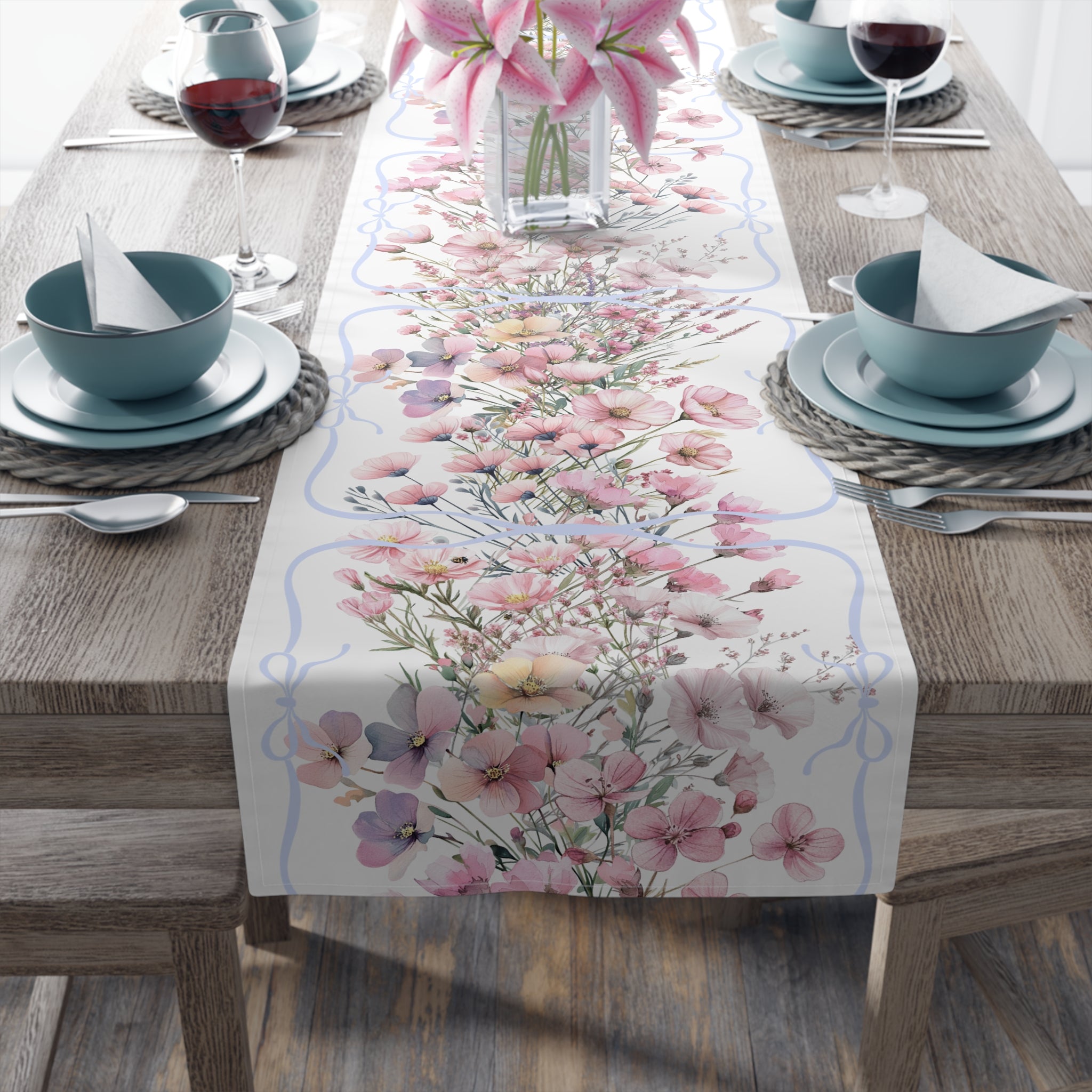 BLUESKYDEZIGN Spring Pink Purple Floral Table Runner - Botanical Wedding Decor