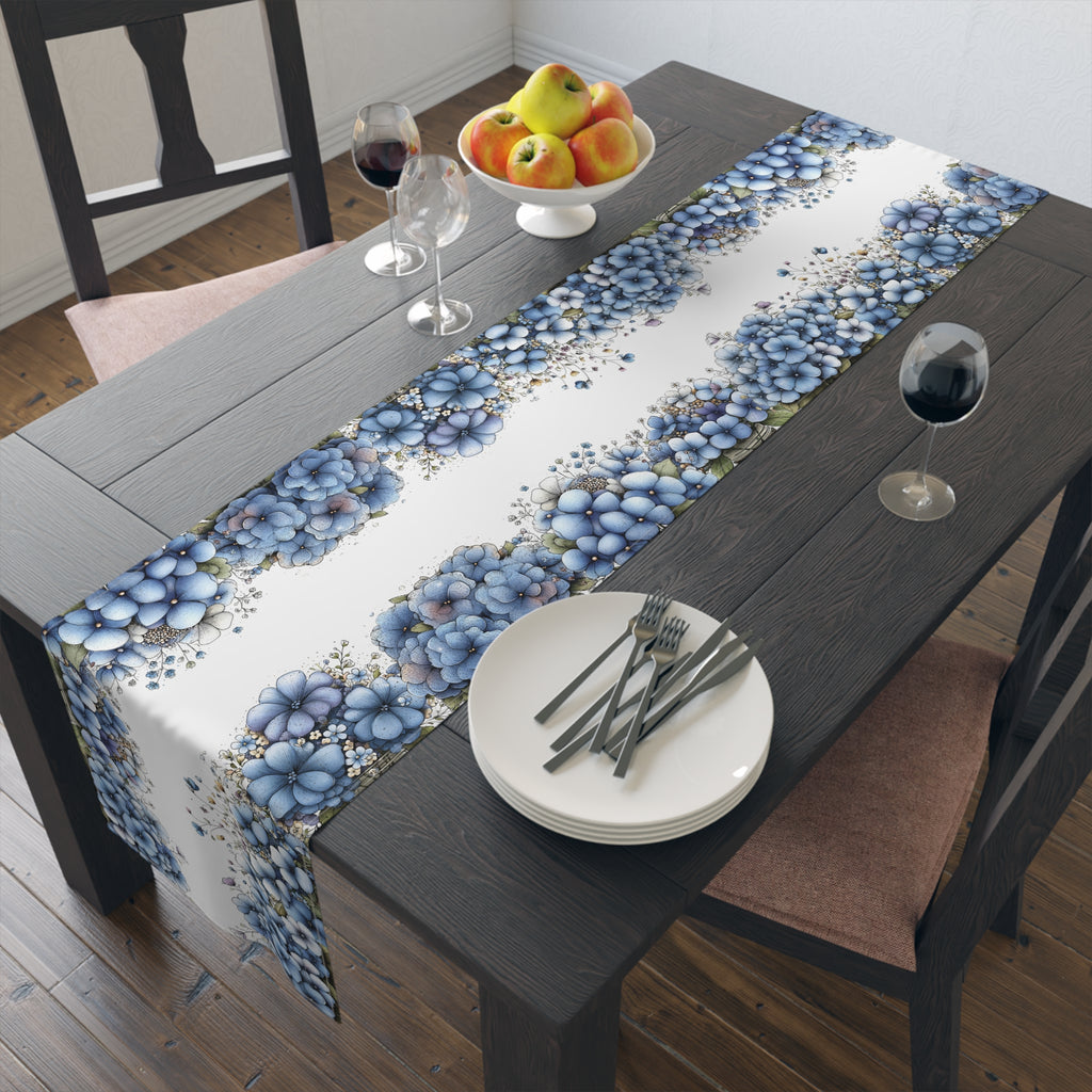 Blue Floral Table Runner, Cotton & Polyester, Spring Dining Table Decor, Elegant Blue and White Flower Runner, 2 Sizes