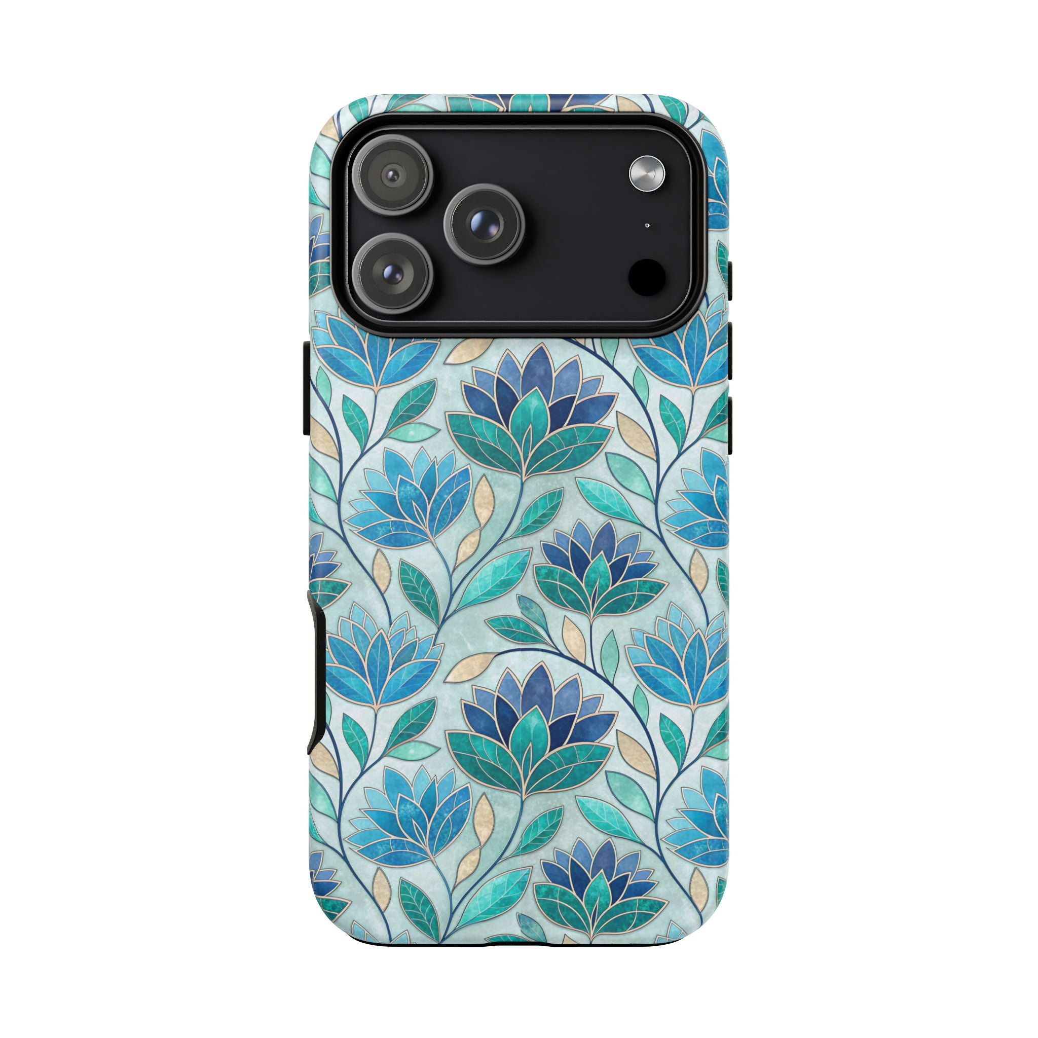 Mosaic iPhone Case, Stained Glass Floral Phone Cover, Teal Blue Protective Case, Matte Glossy Options, Artistic Mosaic Pattern