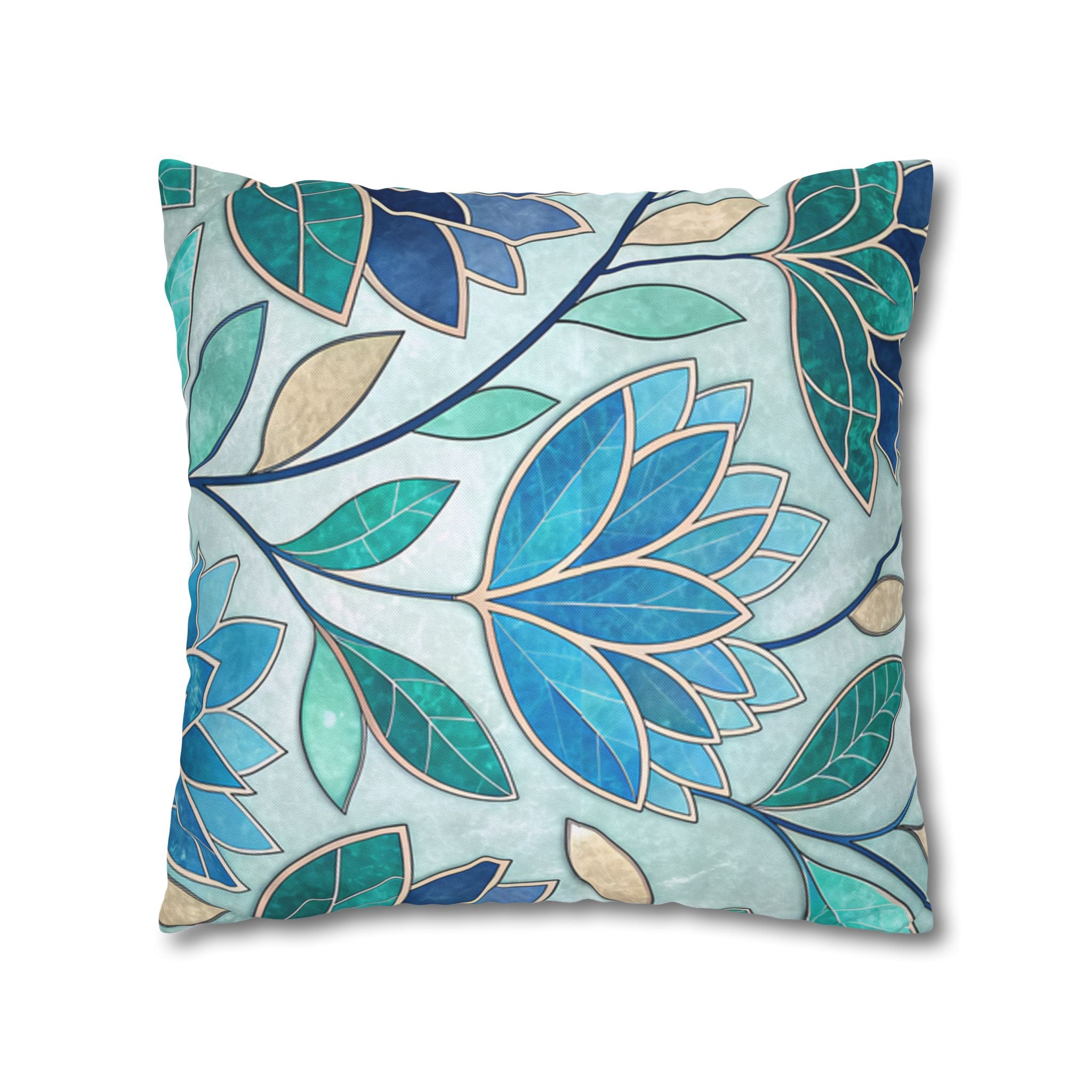 Mosaic Pillowcase 1piece, Stained Glass Style Floral Cushion Covers, Teal Blue Decorative Polyester Throw Pillowcases