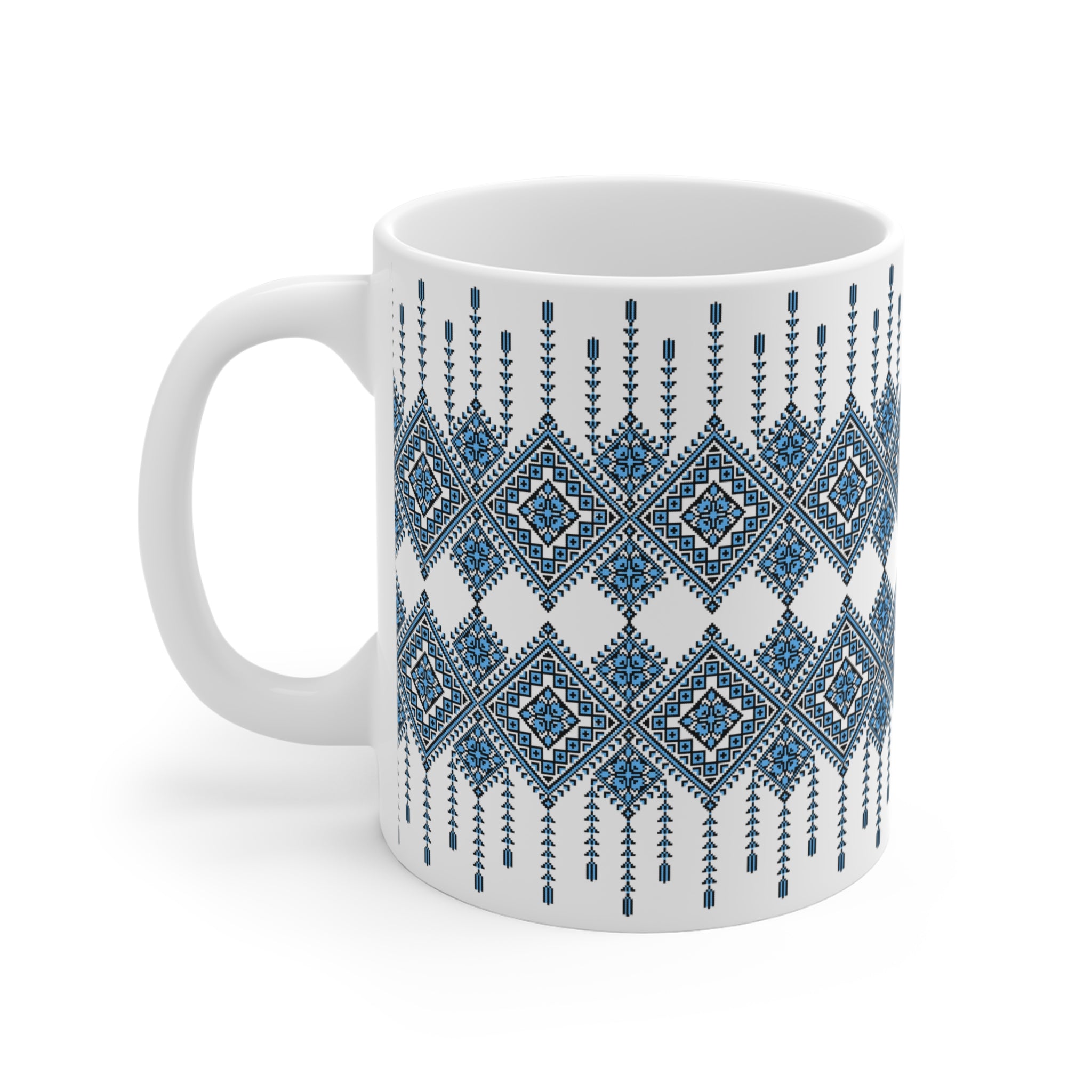 Ukrainian Pattern Mug 11 oz, Blue Folk Design Coffee Cup, Slavic Geometric Print Ceramic Mug