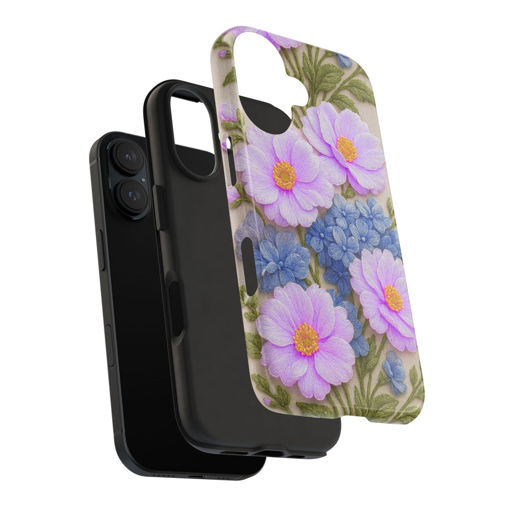 Pink Cosmos and Blue Hydrangea Phone Case, Alexandra Bloom Collection, Tough Floral iPhone and Samsung Cover, Vintage Protective Case