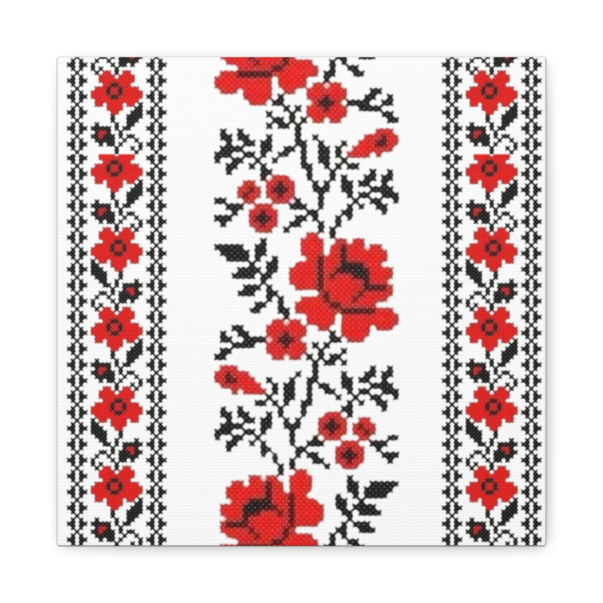 Ukrainian Embroidery Wall Art, Red Black Folk Floral Pattern, Traditional Slavic Home Decor Canvas for Living Room or Entryway, Matte Print, Stretched 1.25" Ready to Hang