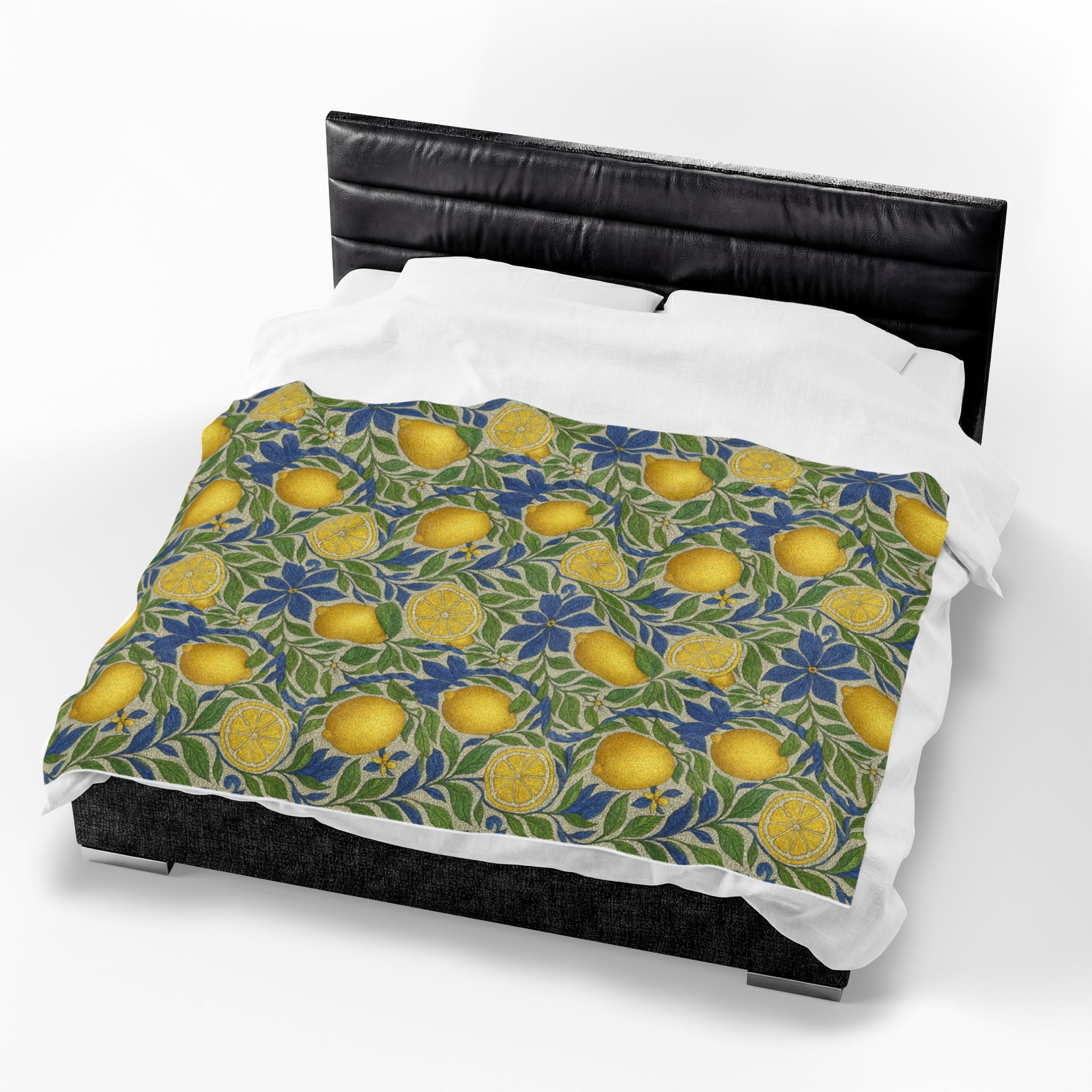 Citrus Riviera Lemon Velveteen Plush Blanket – Mediterranean Botanical Throw | William Morris Style