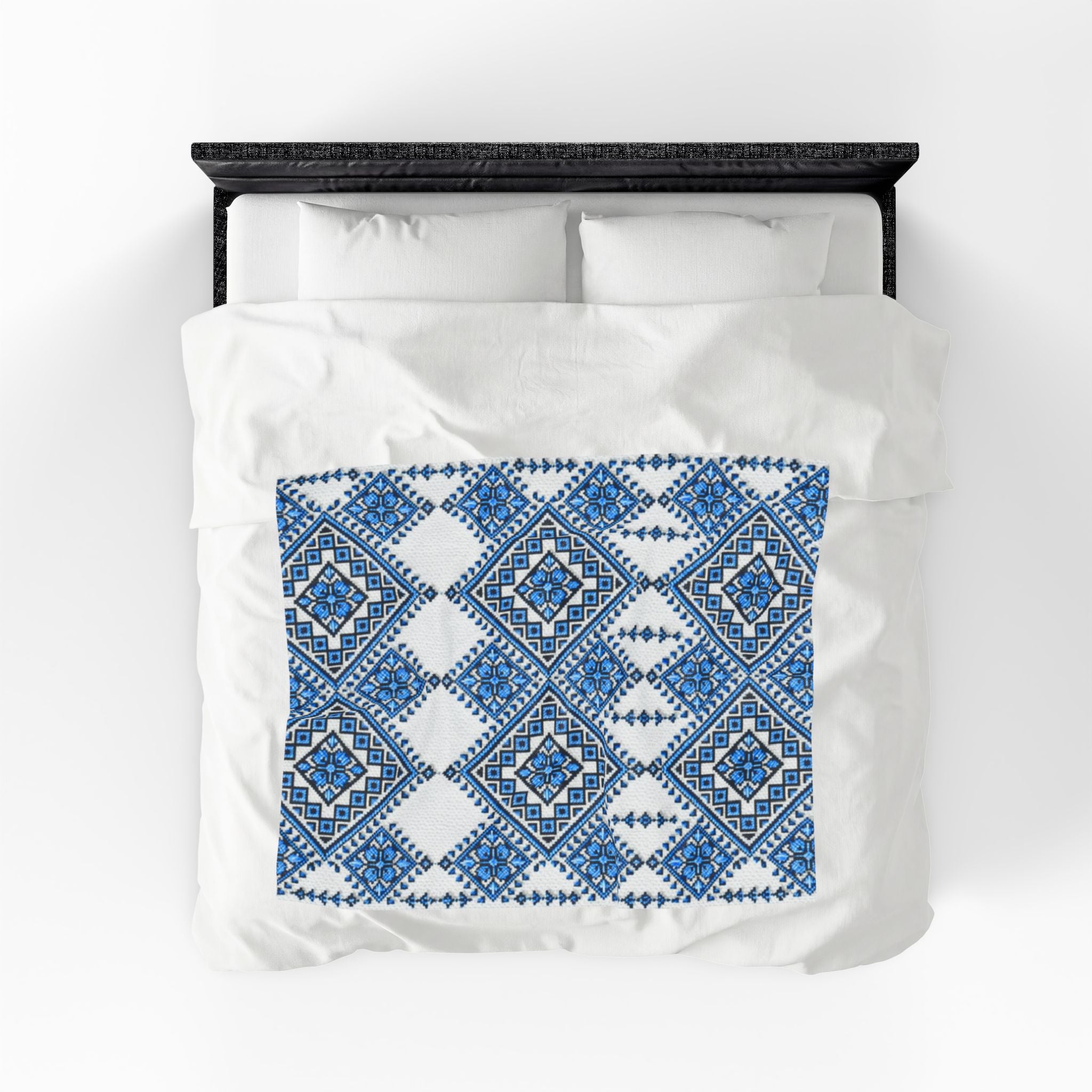Blue Sky Folk Art Velveteen Plush Blanket | Ukrainian Heritage Geometric Throw