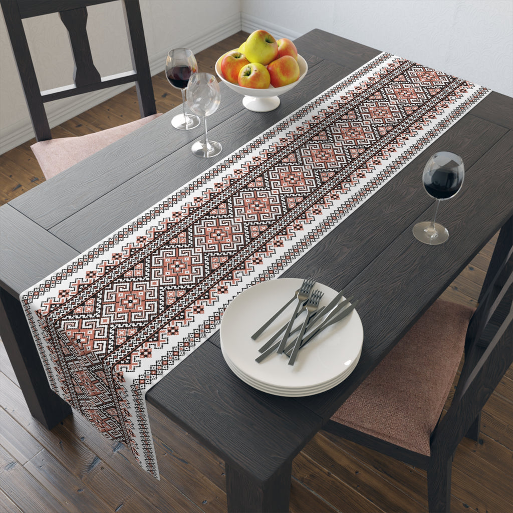 Stasia Red Ukrainian Folk Art Table Runner | Red & Black Geometric Linen | Heritage Gift