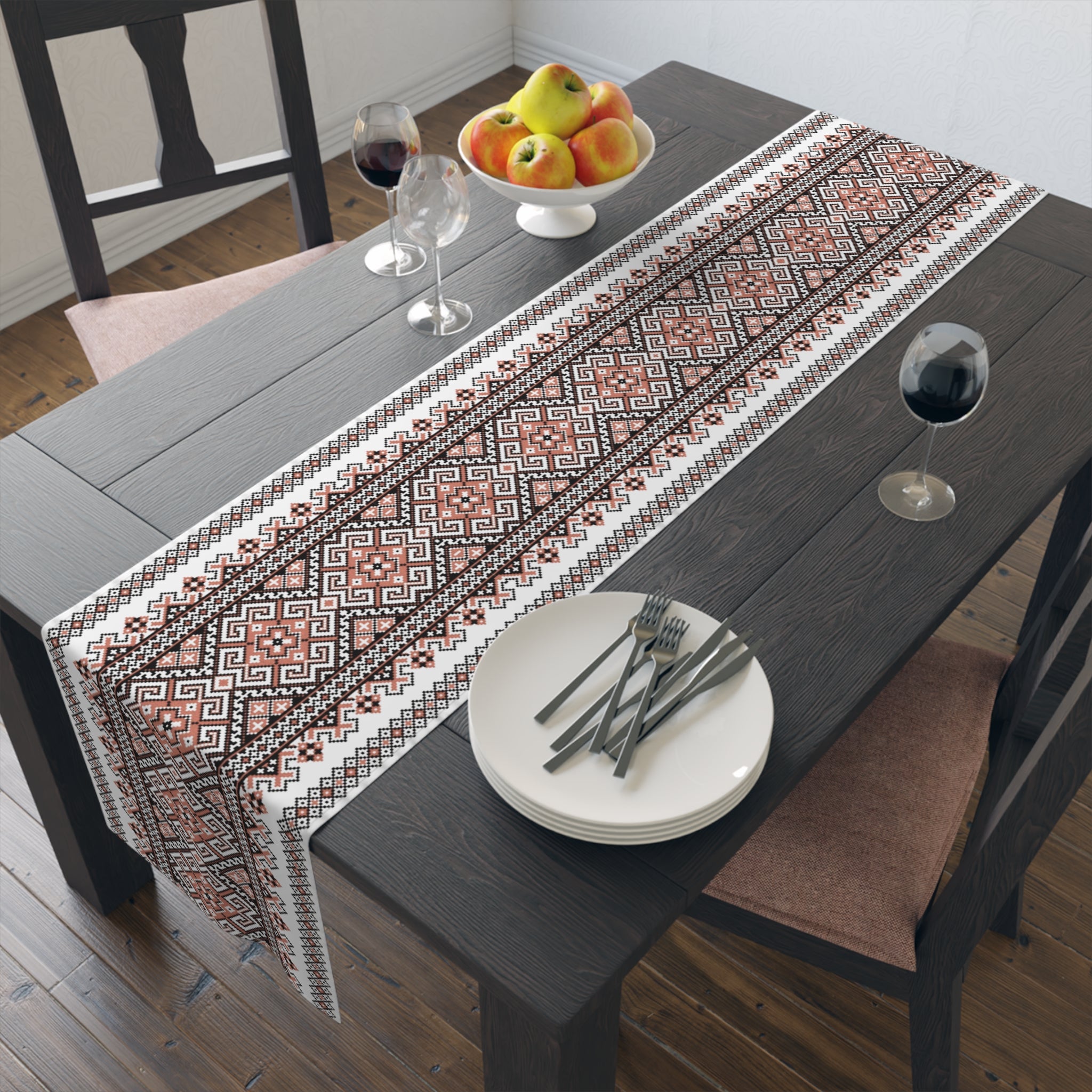 Stasia Red Ukrainian Folk Art Table Runner | Red & Black Geometric Linen | Heritage Gift