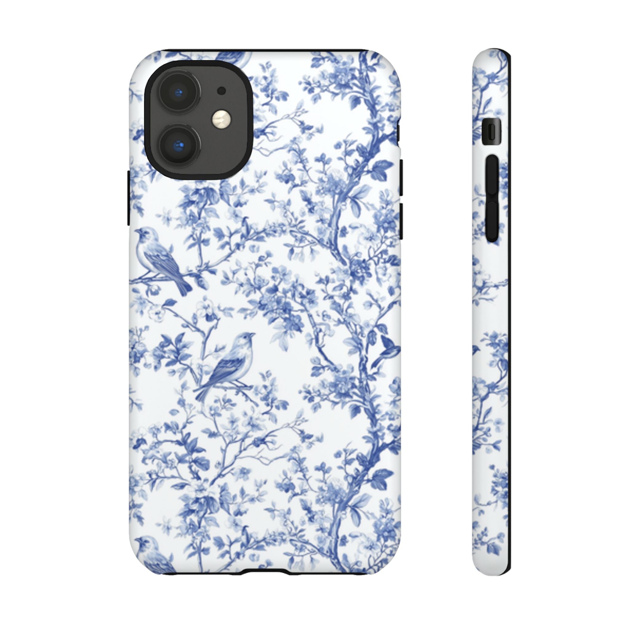 Blue Floral Vine Phone Case, Toile-inspired romantic floral Marbleized Branch Pattern