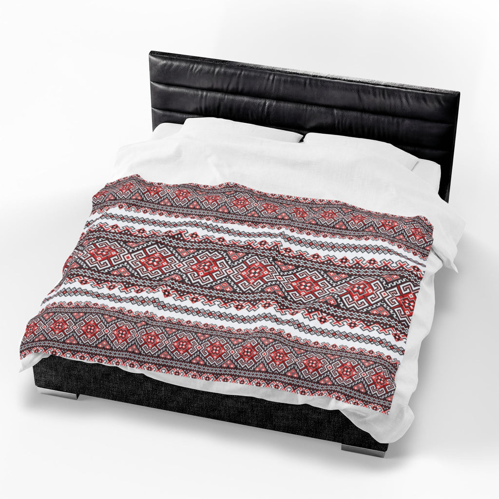 Stasia Red Ukrainian Folk Art Blanket - Velvet Plush Throw, Red & Black Geometric Pattern, Slavic Heritage Gift
