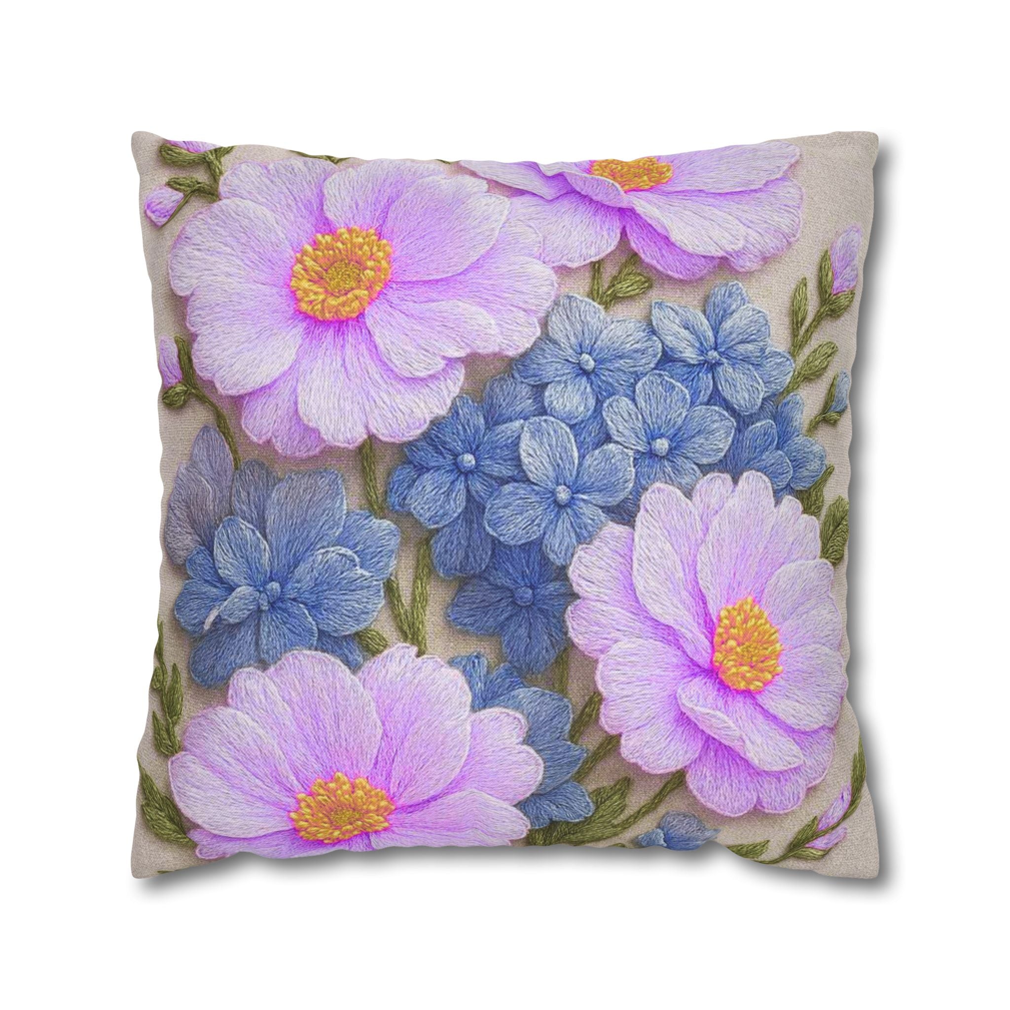 Pink Daisy and Blue Hydrangea Throw Pillow Cover, Floral Square Pillowcase, Alexandra Bloom Collection, Cottagecore Decorative Cushion