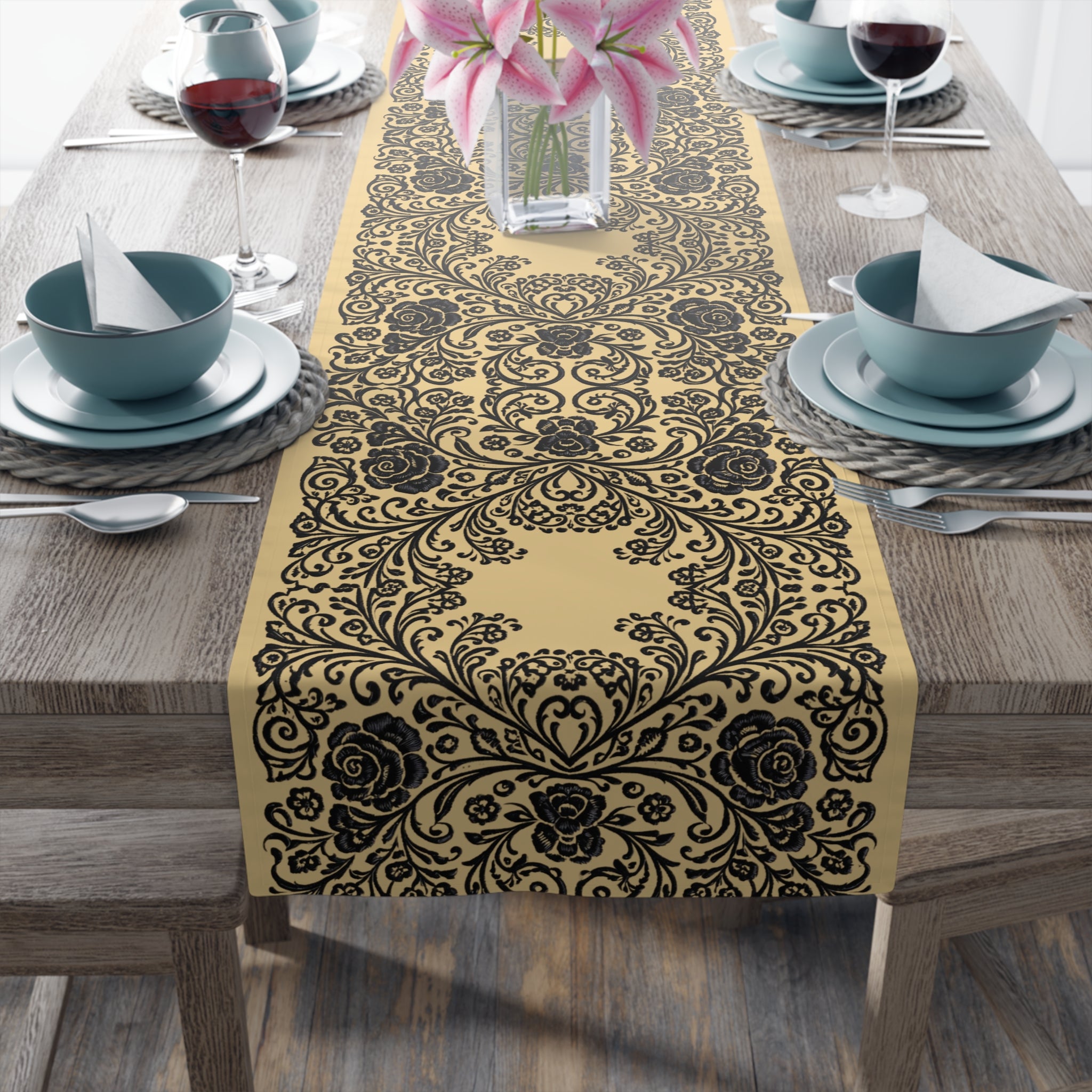 Vintage Baroque Floral Table Runner | Damask Cream & Black | BLUESKYDEZIGN