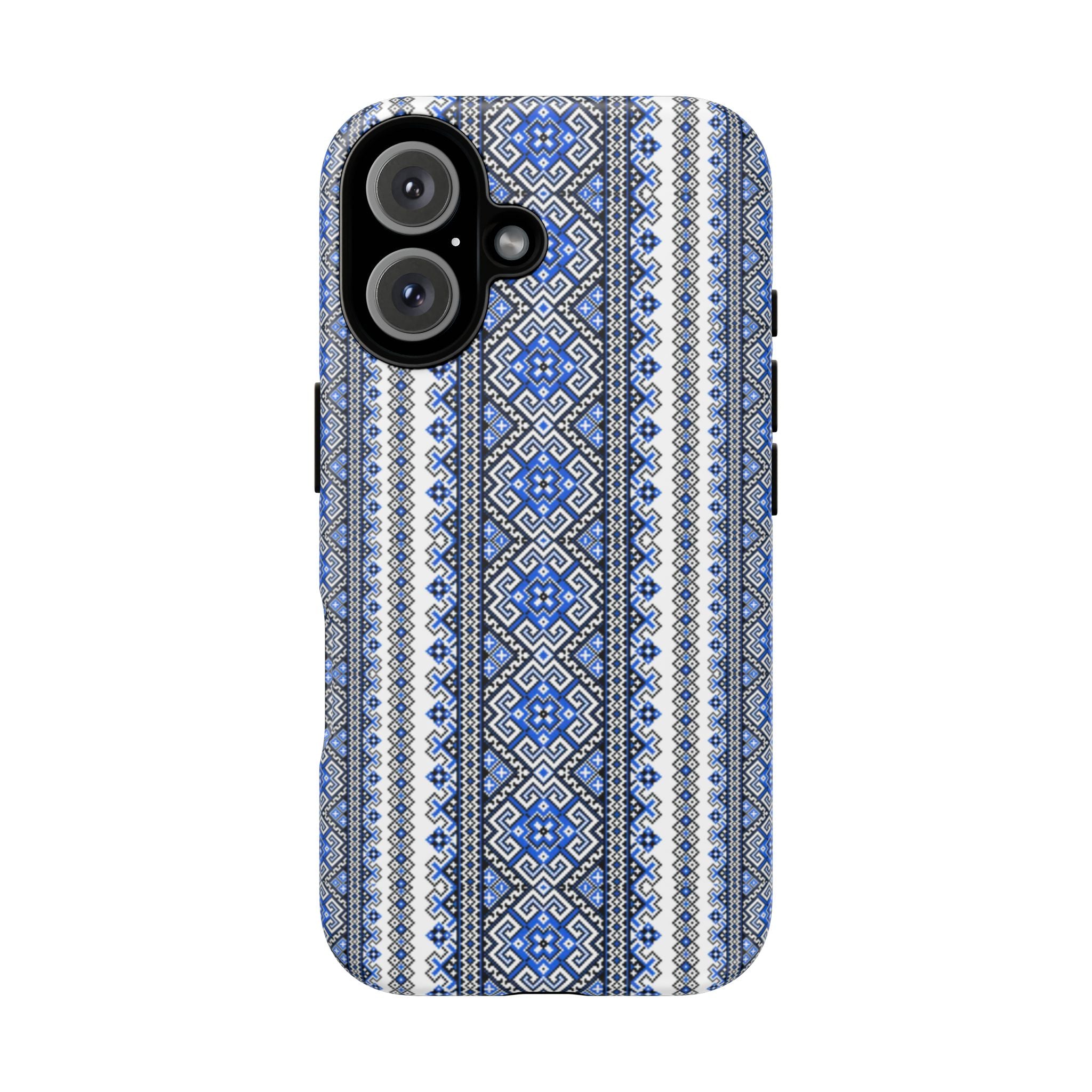 Ukrainian Pattern iPhone Case, Blue Black Geometric Folk Design, Protective Phone Cover, Traditional Ethnic Print