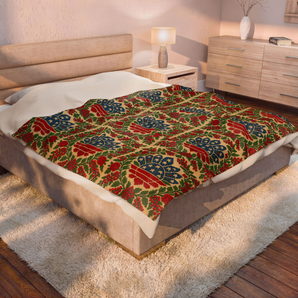 America 250 Velveteen Plush Blanket | Patriotic Folk Floral Throw | 1776–2026 Anniversary Gift