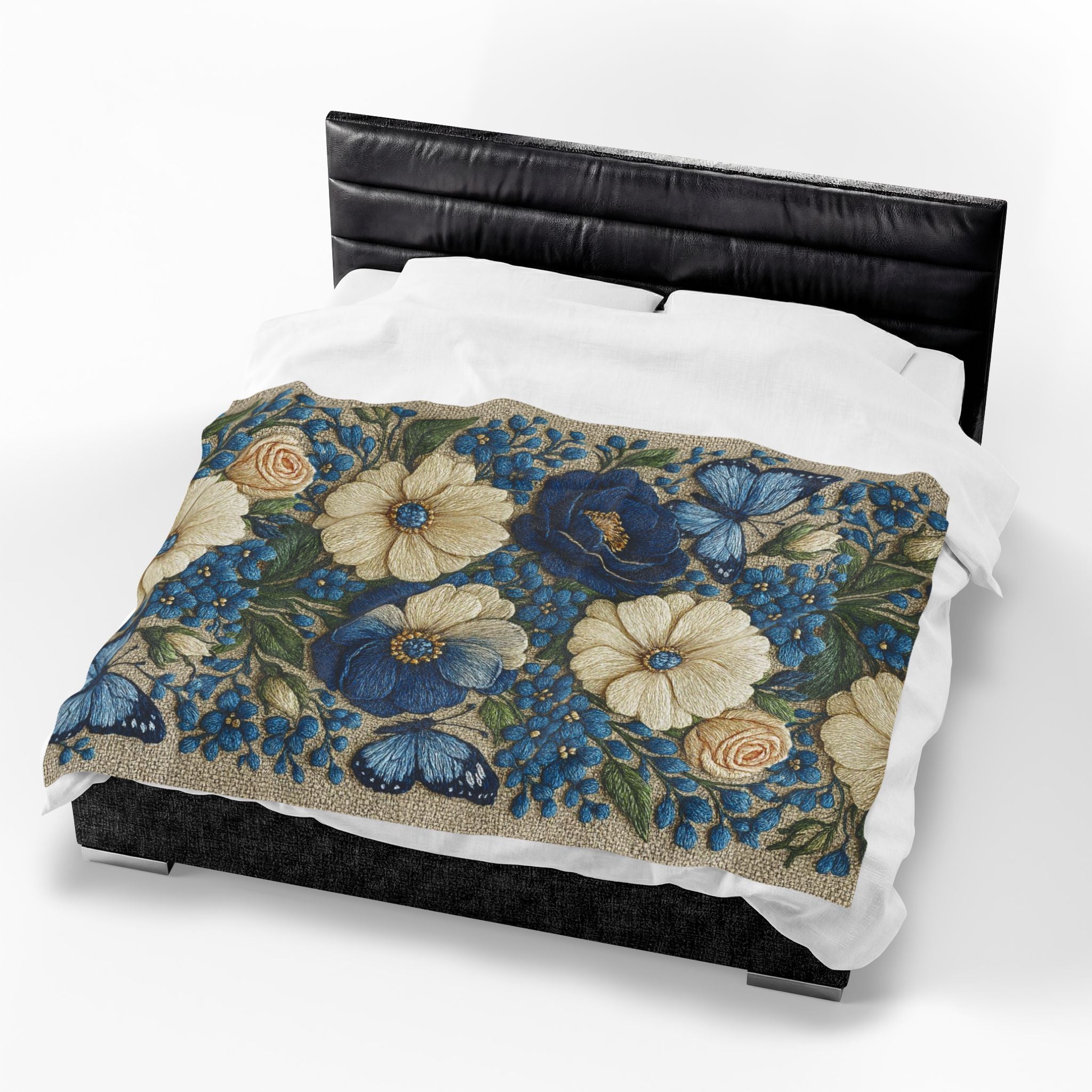 Wild Beauty Floral Velveteen Throw Blanket – Blue & Cream Botanical Design