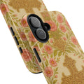 Blessed Home tough phone case with ornate golden cross surrounded by hand-drawn pink roses and olive vines — vintage cottagecore floral design, dual-layer shockproof iPhone cover in glossy or matte finish

