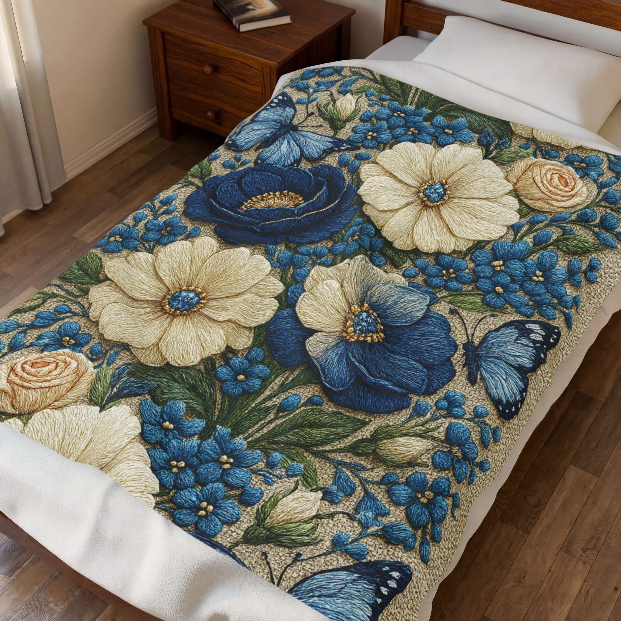 Wild Beauty Floral Velveteen Throw Blanket – Blue & Cream Botanical Design