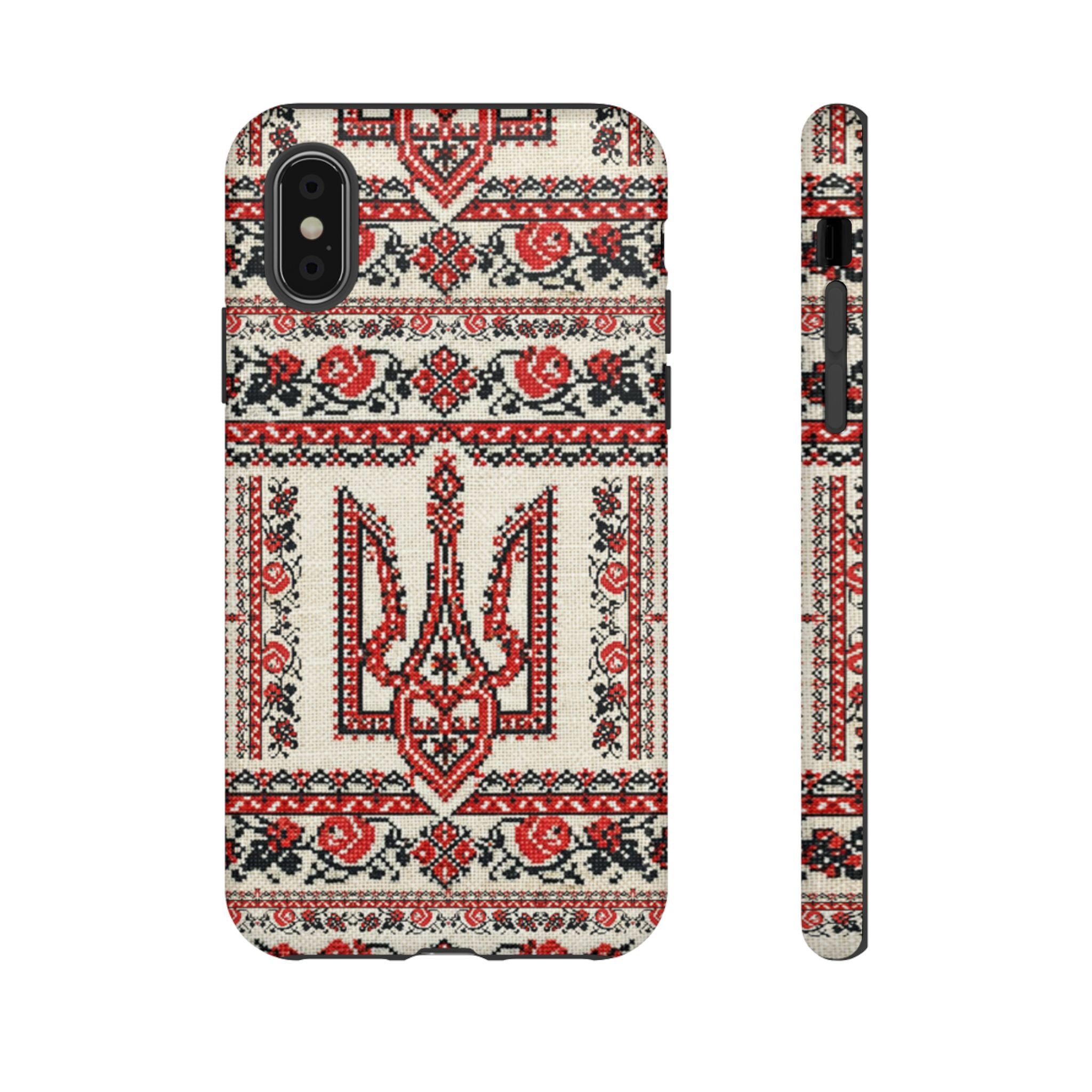 Ukrainian Trident Embroidery Phone Case • Red Black Trident Pattern • Protective Folk Art Cover for iPhone & Samsung