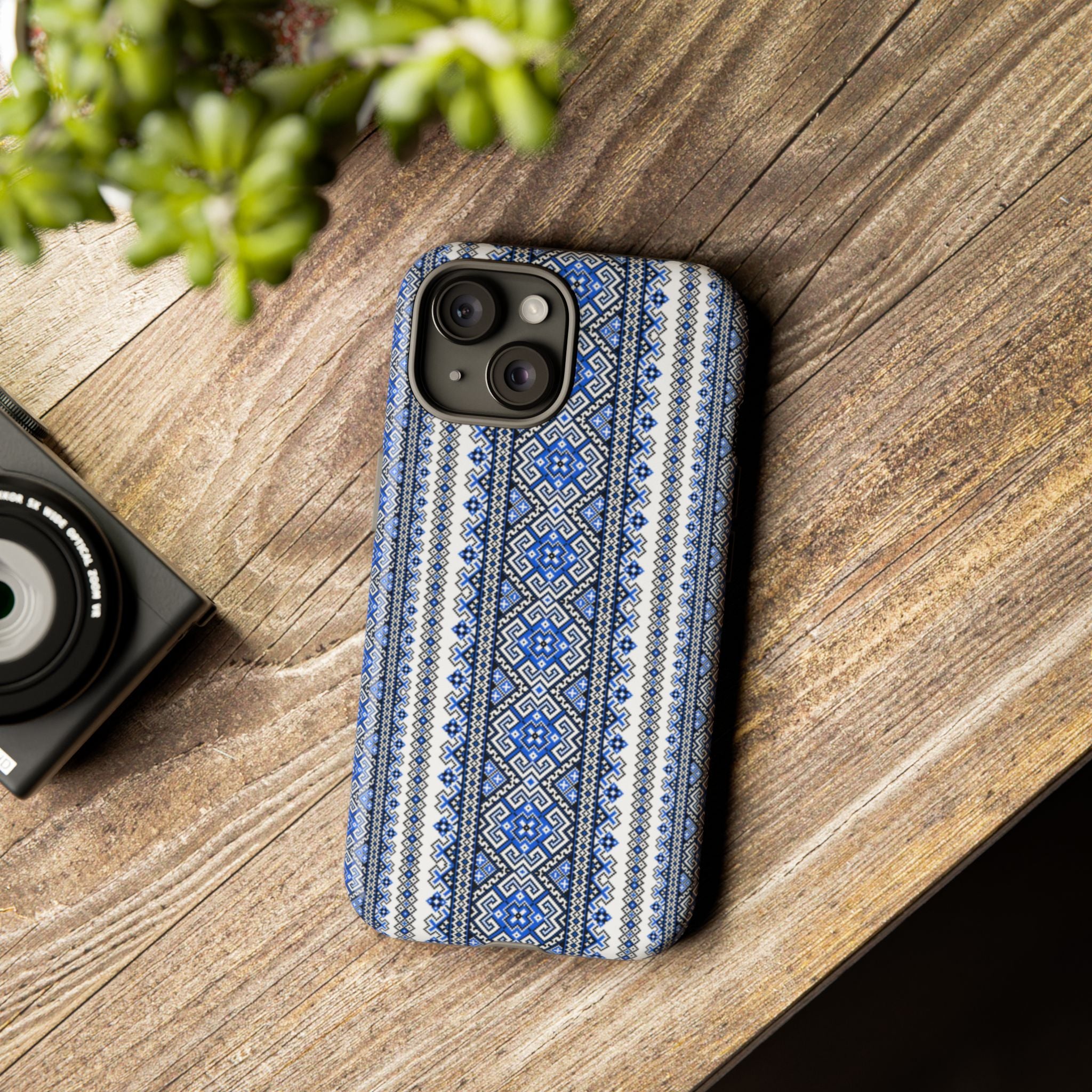 Ukrainian Pattern iPhone Case, Blue Black Geometric Folk Design, Protective Phone Cover, Traditional Ethnic Print