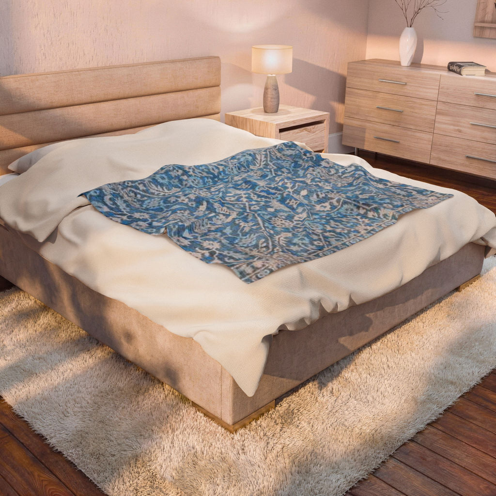 BLUESKYDEZIGN Grandmother's Heritage Velveteen Blanket - Blue Vintage Floral Boho Throw, Modern Rustic