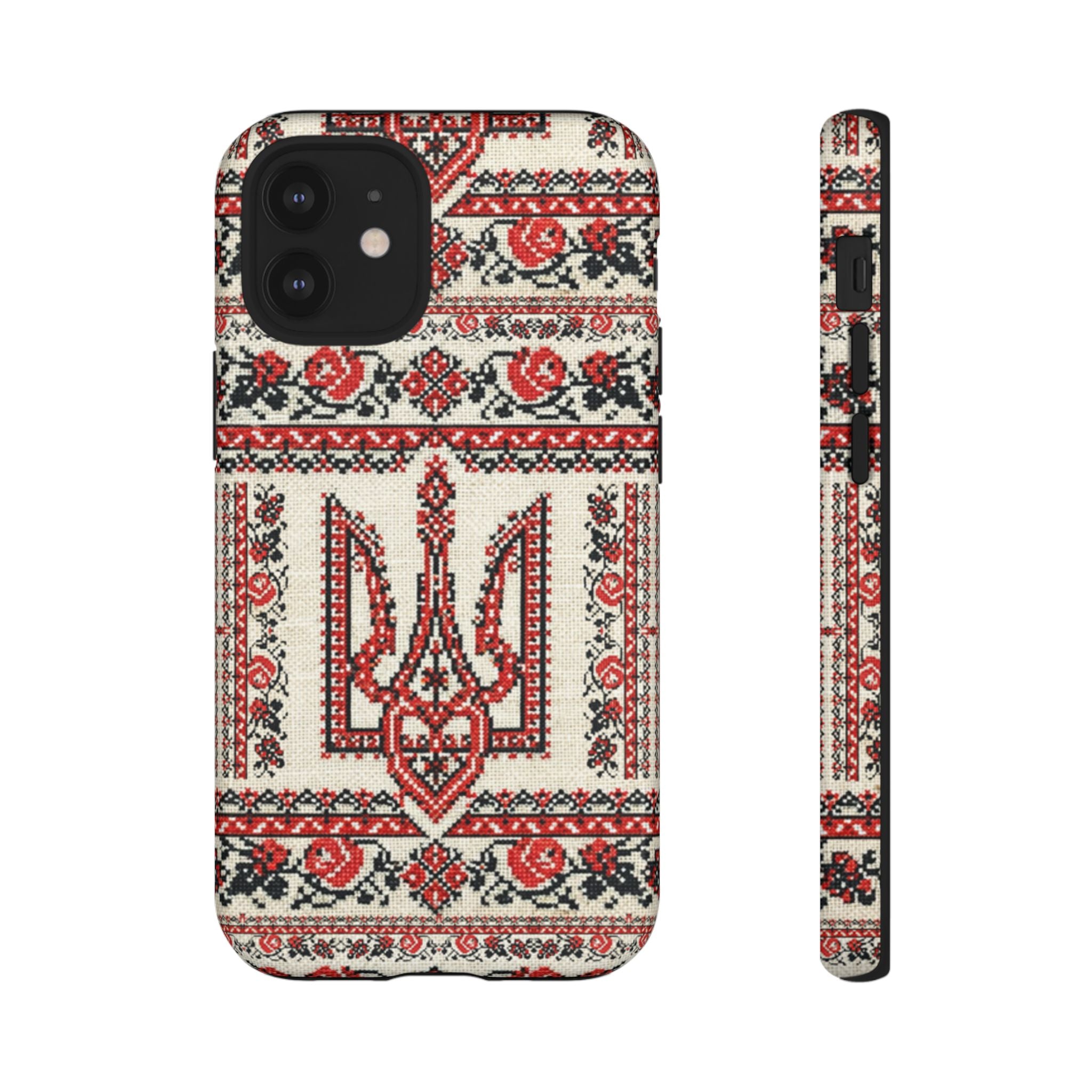 Ukrainian Trident Embroidery Phone Case • Red Black Trident Pattern • Protective Folk Art Cover for iPhone & Samsung
