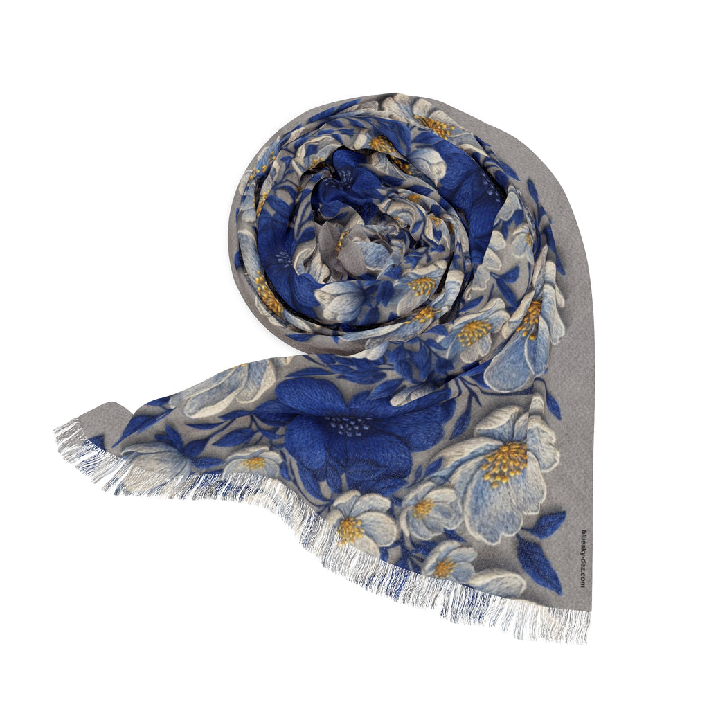 Denim Soul Indigo Floral Scarf – Lightweight Botanical Shawl & Wrap