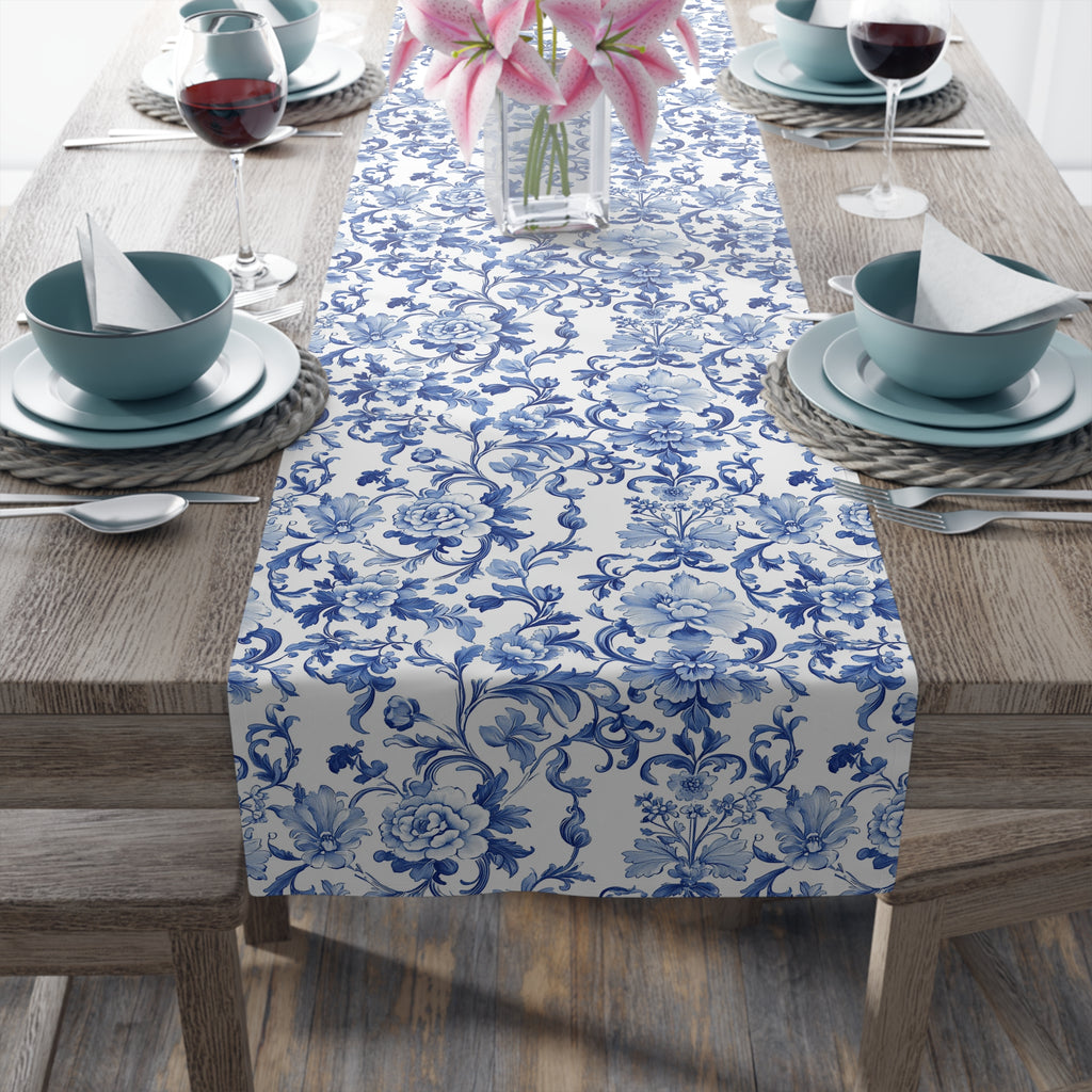 BLUESKYDEZIGN Blue Floral Tile Table Runner - Delft Porcelain Inspired Decor