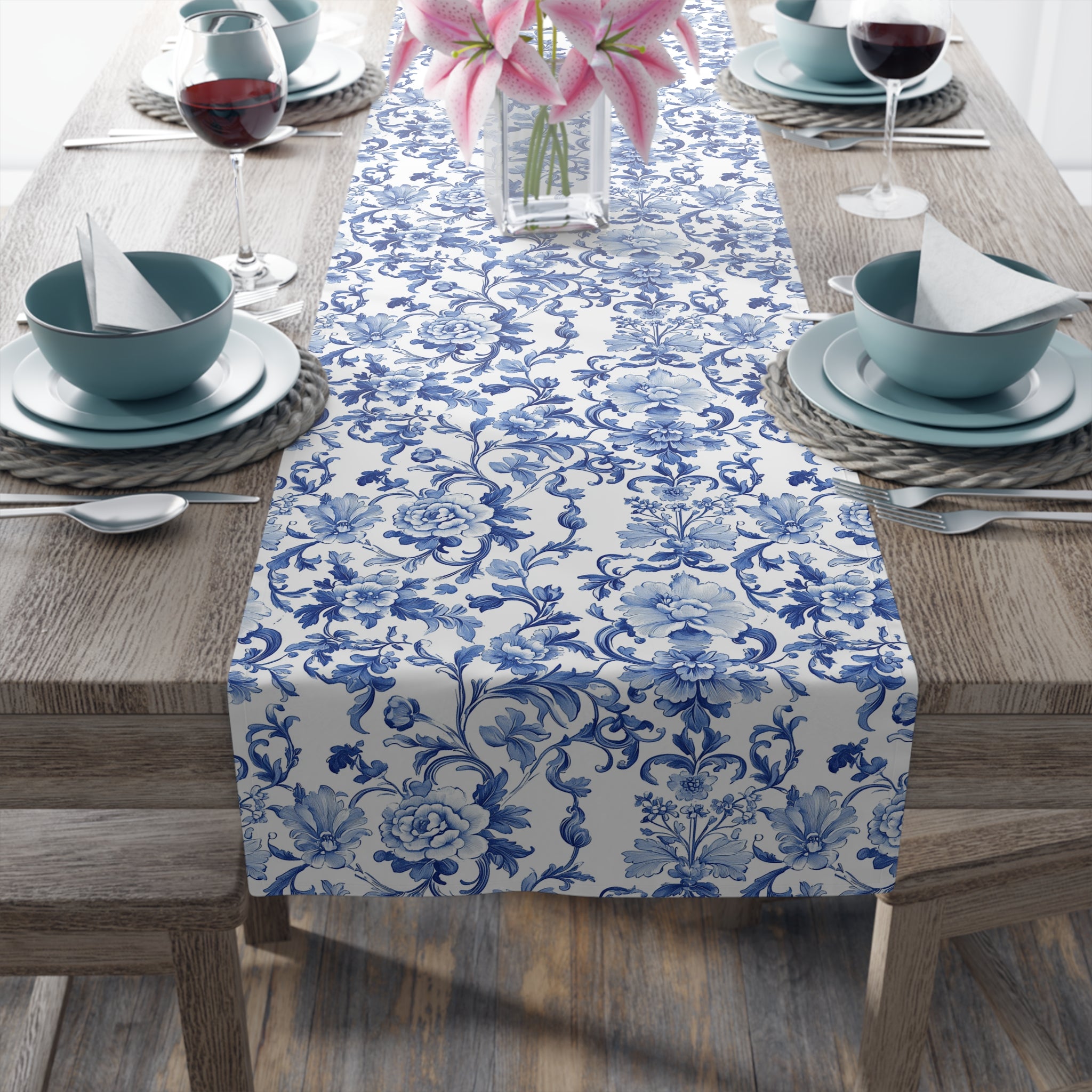 BLUESKYDEZIGN Blue Floral Tile Table Runner - Delft Porcelain Inspired Decor