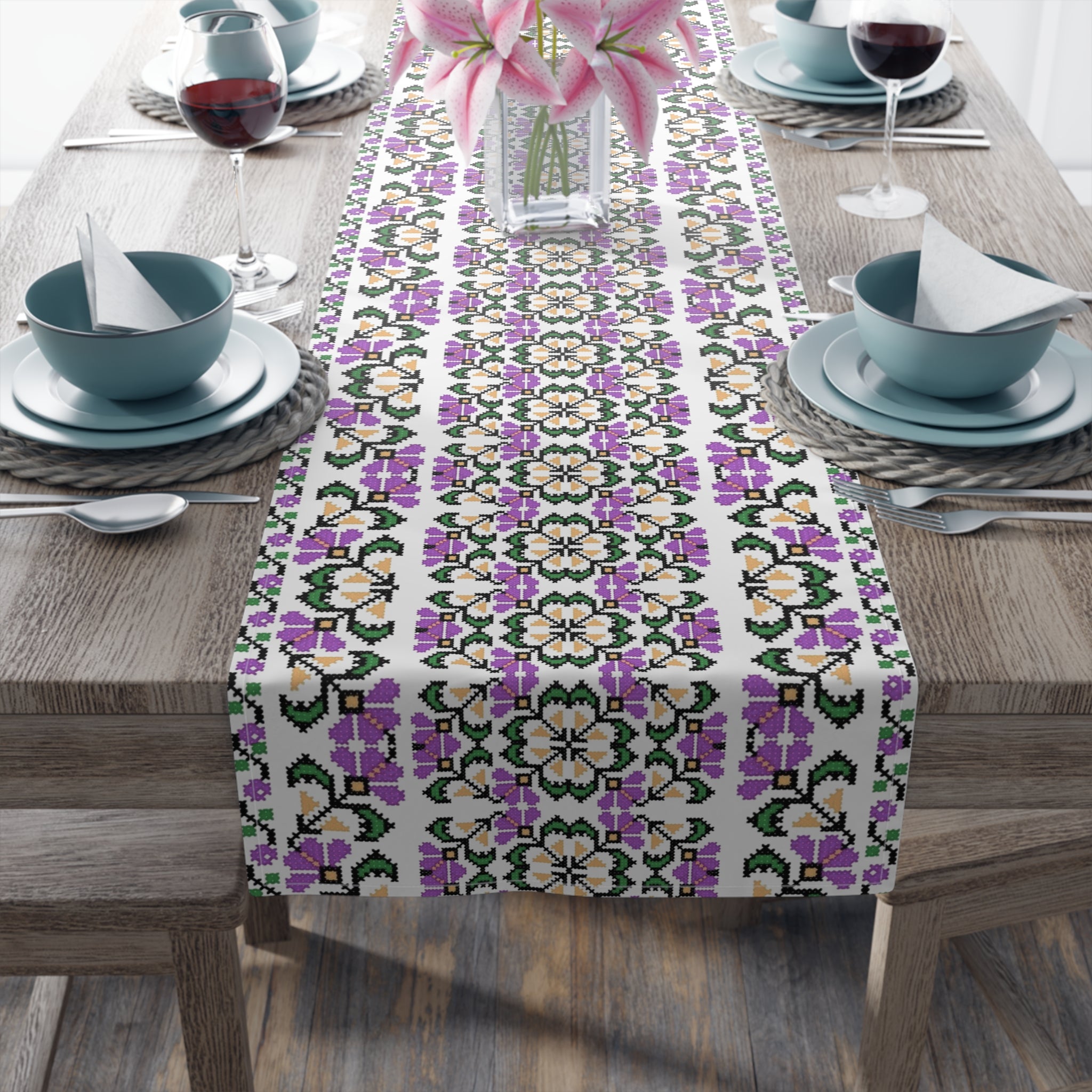 Blooming Hope Table Runner – Ukrainian Floral Mosaic, Cotton or Polyester