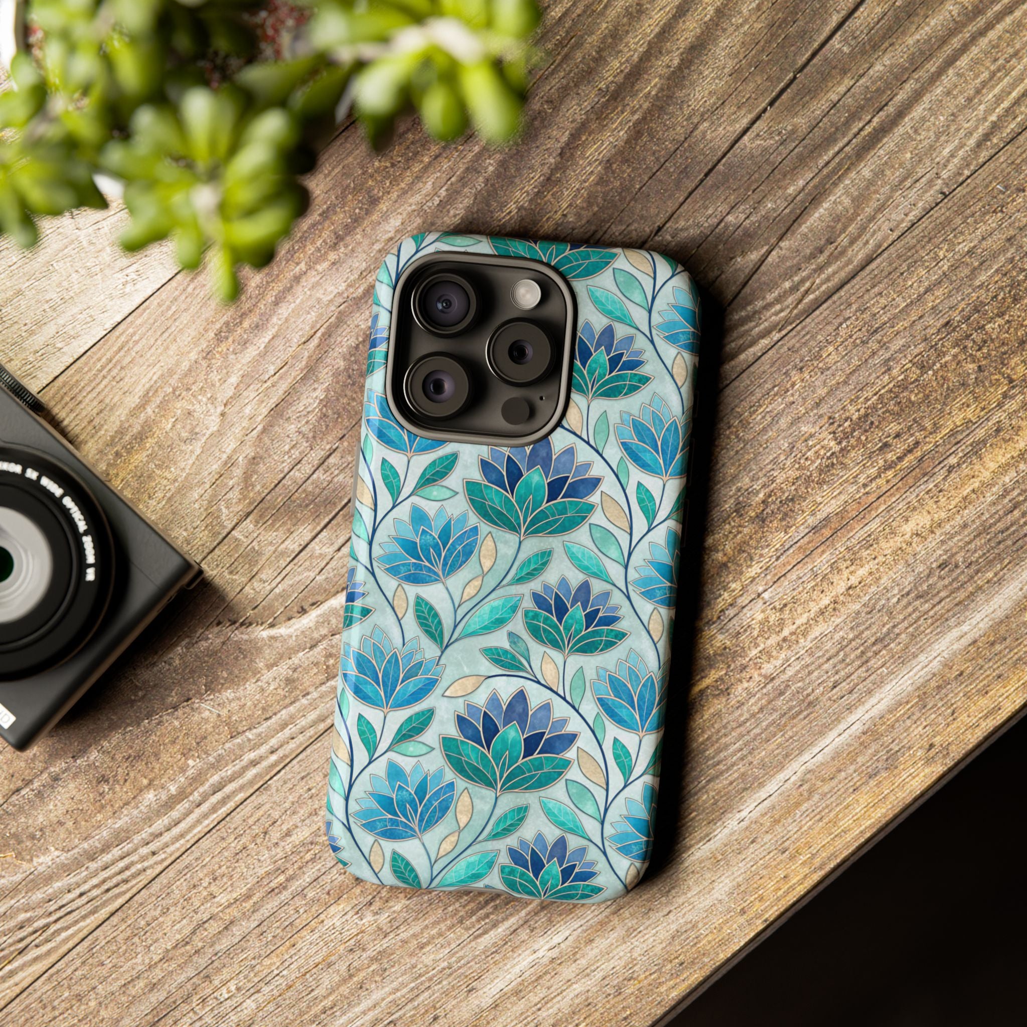 Mosaic iPhone Case, Stained Glass Floral Phone Cover, Teal Blue Protective Case, Matte Glossy Options, Artistic Mosaic Pattern