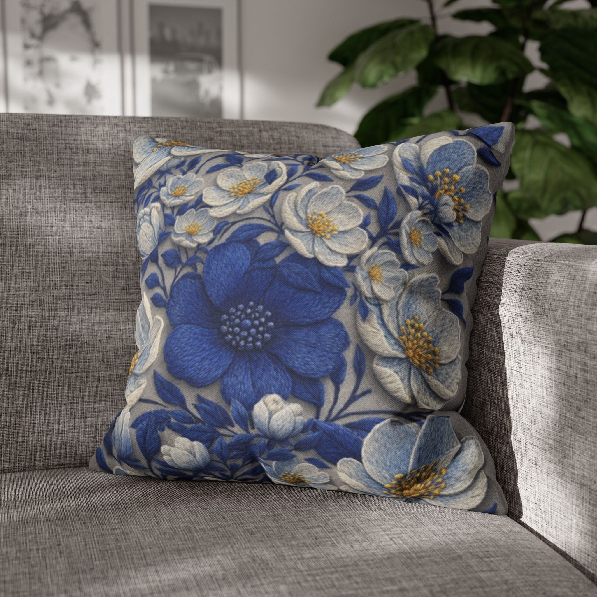 Denim Soul Indigo Floral Pillowcase – Double-Sided Watercolor Throw Pillow Cover