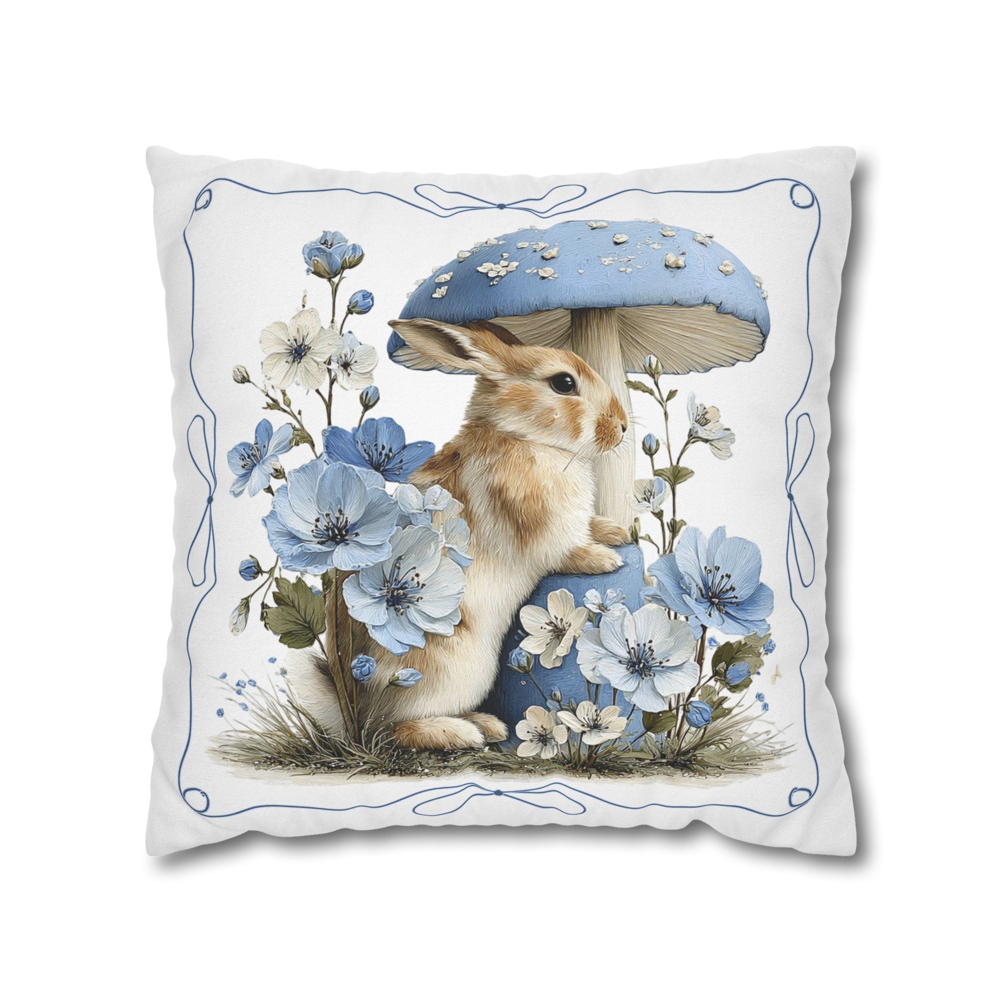 Blue Floral Bunny Collage Pillowcase | Square Decorative Pillowcase