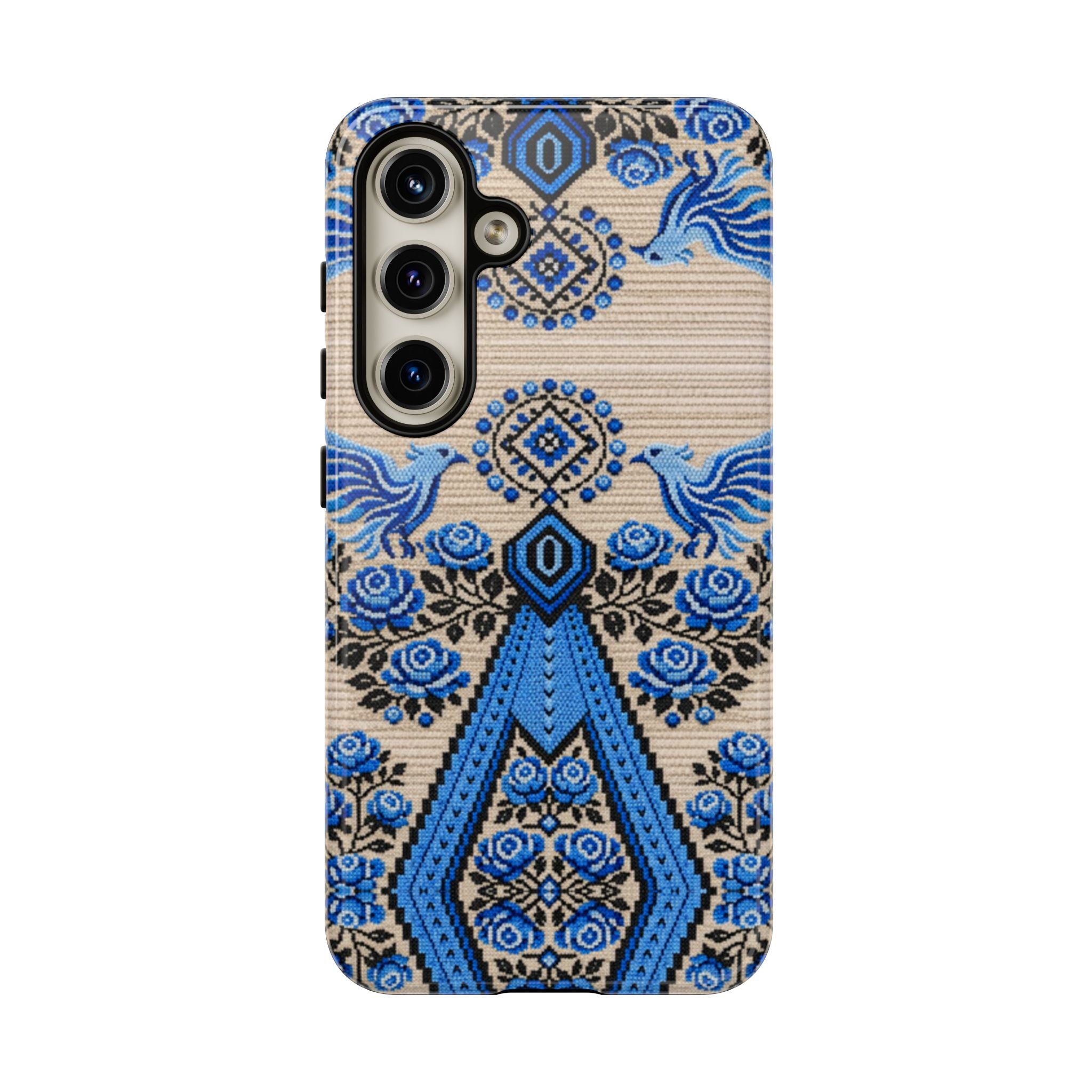 Ukrainian Phone Case  Blue Black Berehynia Design, Falcons & Roses Folk Art, Slavic Embroidery Style Protective Cover