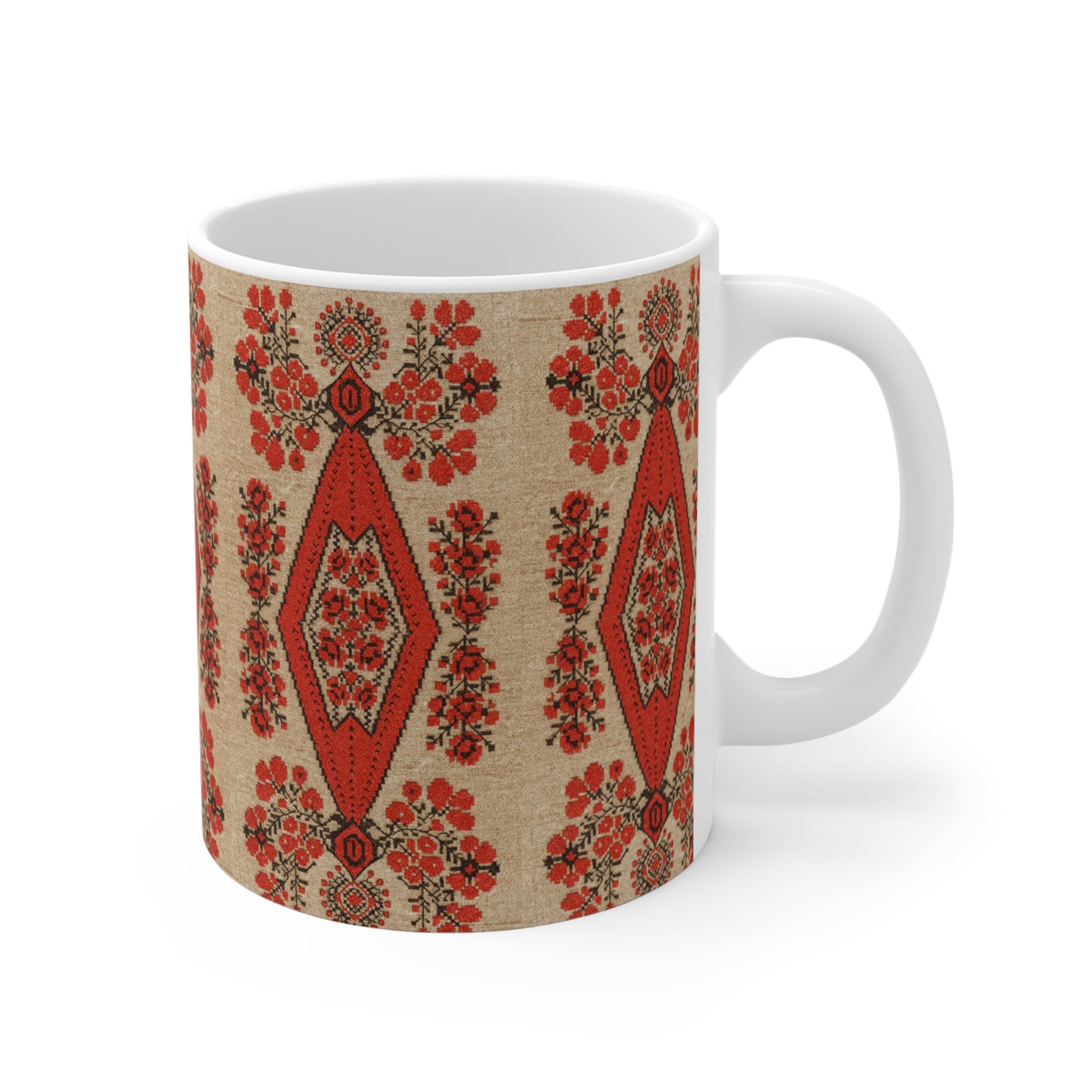 Berehynia  Mug, Ukrainian Protective Symbol, Red Black Folk Art Ceramic Cup for Meaningful Daily Use 11oz