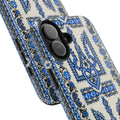 Ukrainian Trident Freedom phone case with blue Tryzub Vyshyvanka embroidery design — artist-designed geometric folk art pattern in blue and black, dual-layer shockproof iPhone cover

