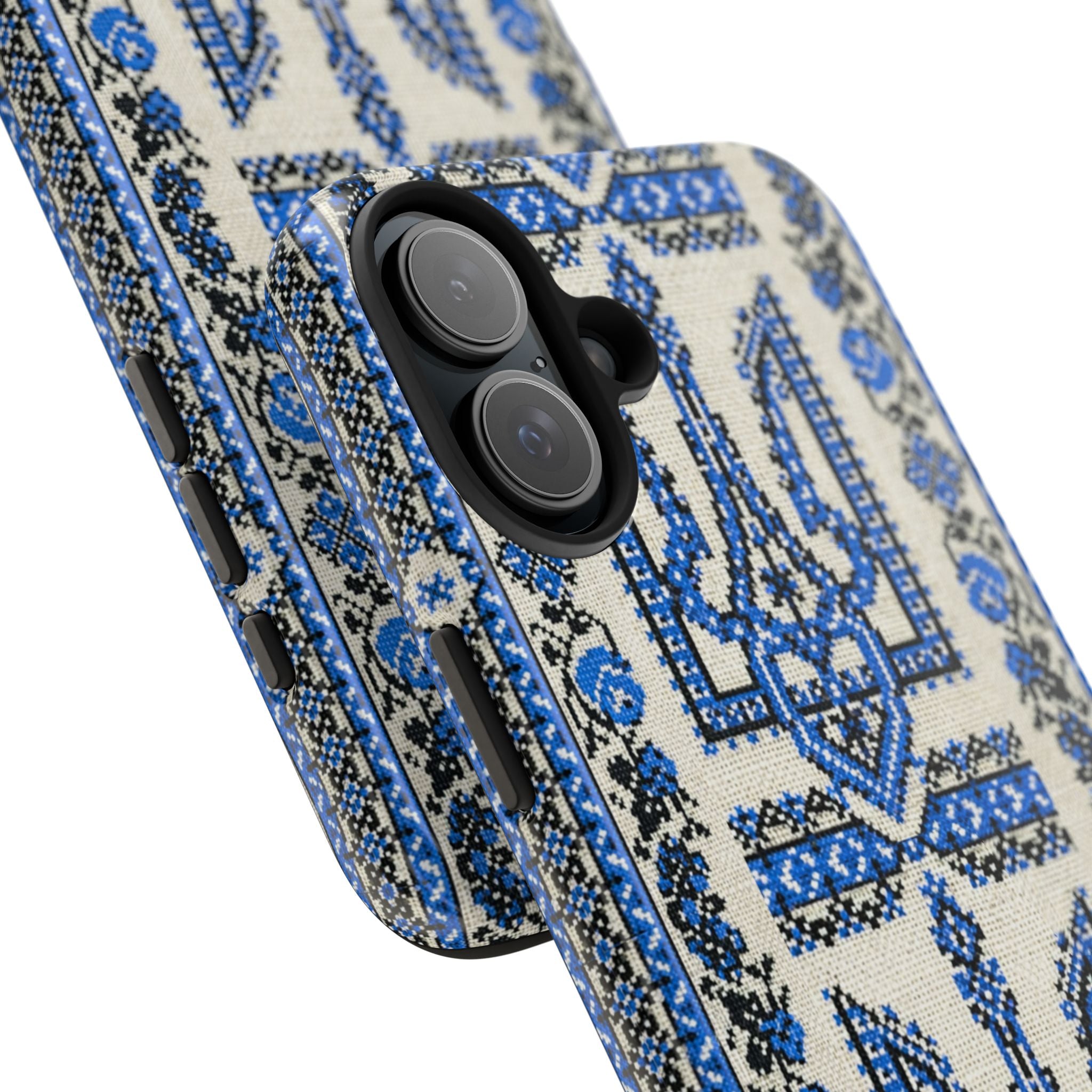 Ukrainian Trident Freedom phone case with blue Tryzub Vyshyvanka embroidery design — artist-designed geometric folk art pattern in blue and black, dual-layer shockproof iPhone cover

