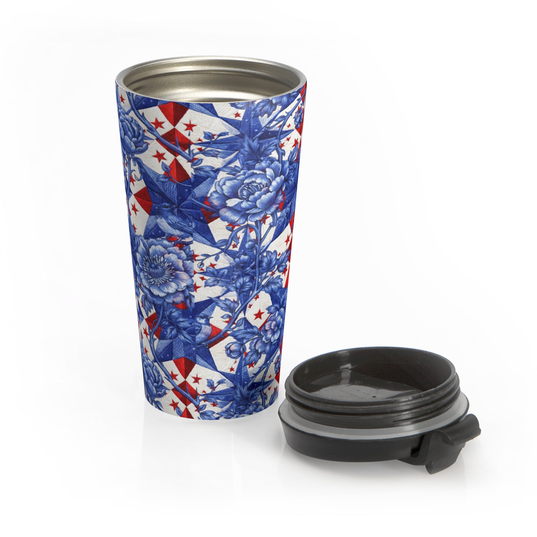 America 250th Anniversary Travel Mug | Toile Floral & Stars | BLUESKYDEZIGN
