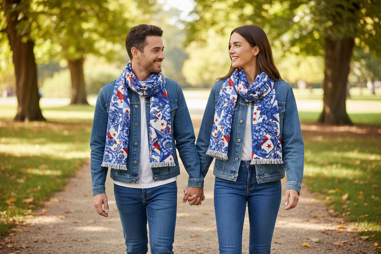 America 250th Anniversary Scarf | Patriotic Blue Toile Floral & Stars | BLUESKYDEZIGN