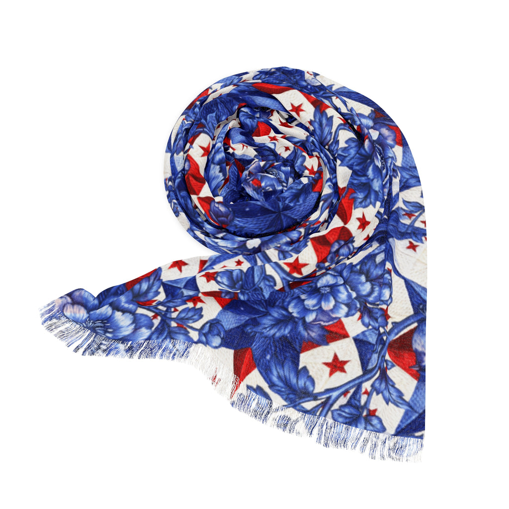 America 250th Anniversary Scarf | Patriotic Blue Toile Floral & Stars | BLUESKYDEZIGN