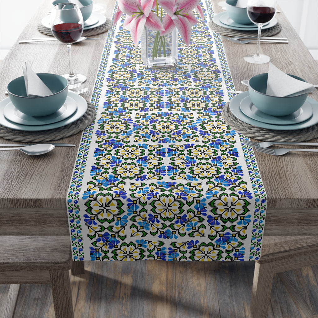 Ukrainian Folk Art Table Runner - Blue Indigo Pattern, Slavic Heritage Farmhouse Decor, Cotton or Polyester, Housewarming Gift