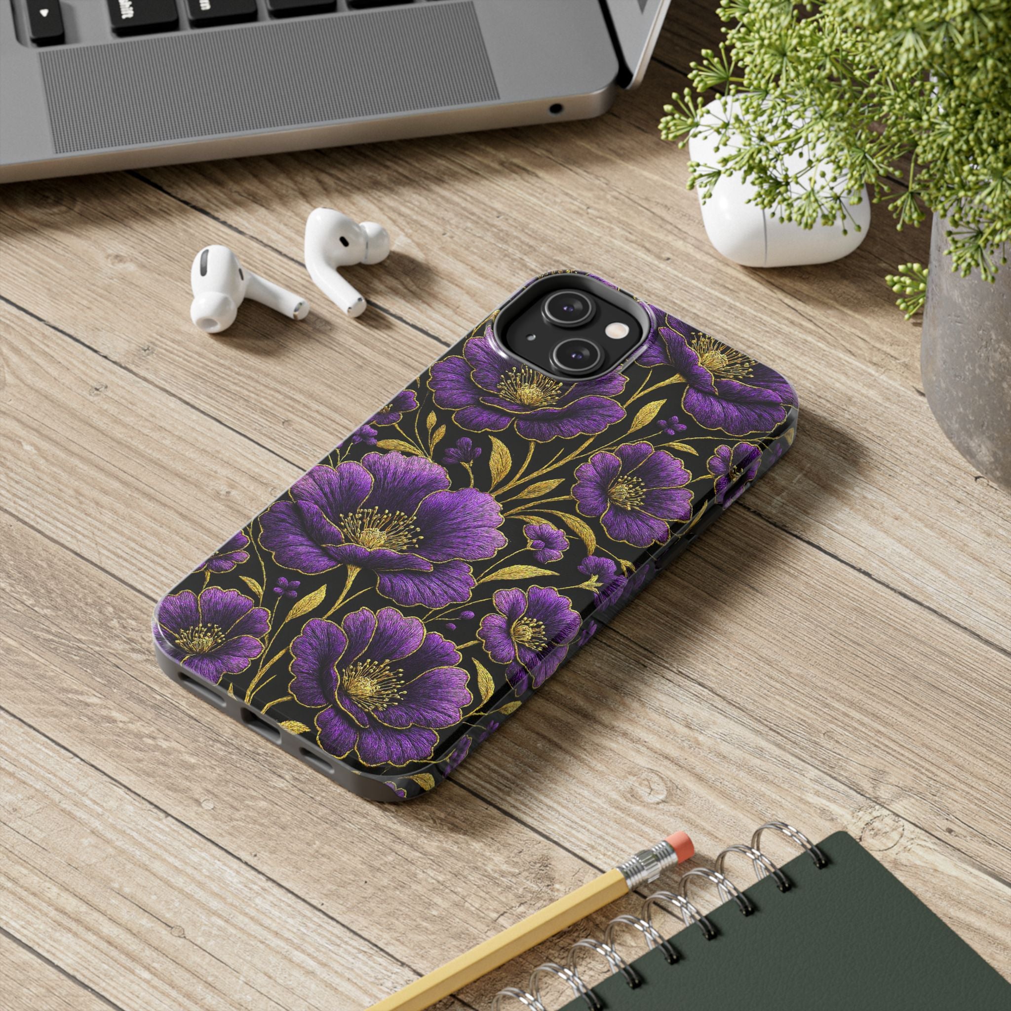 Petrykivka Bloom Phone Case | Purple Poppy Gold Tough Case | Embroidered Look Floral Aesthetic Cover