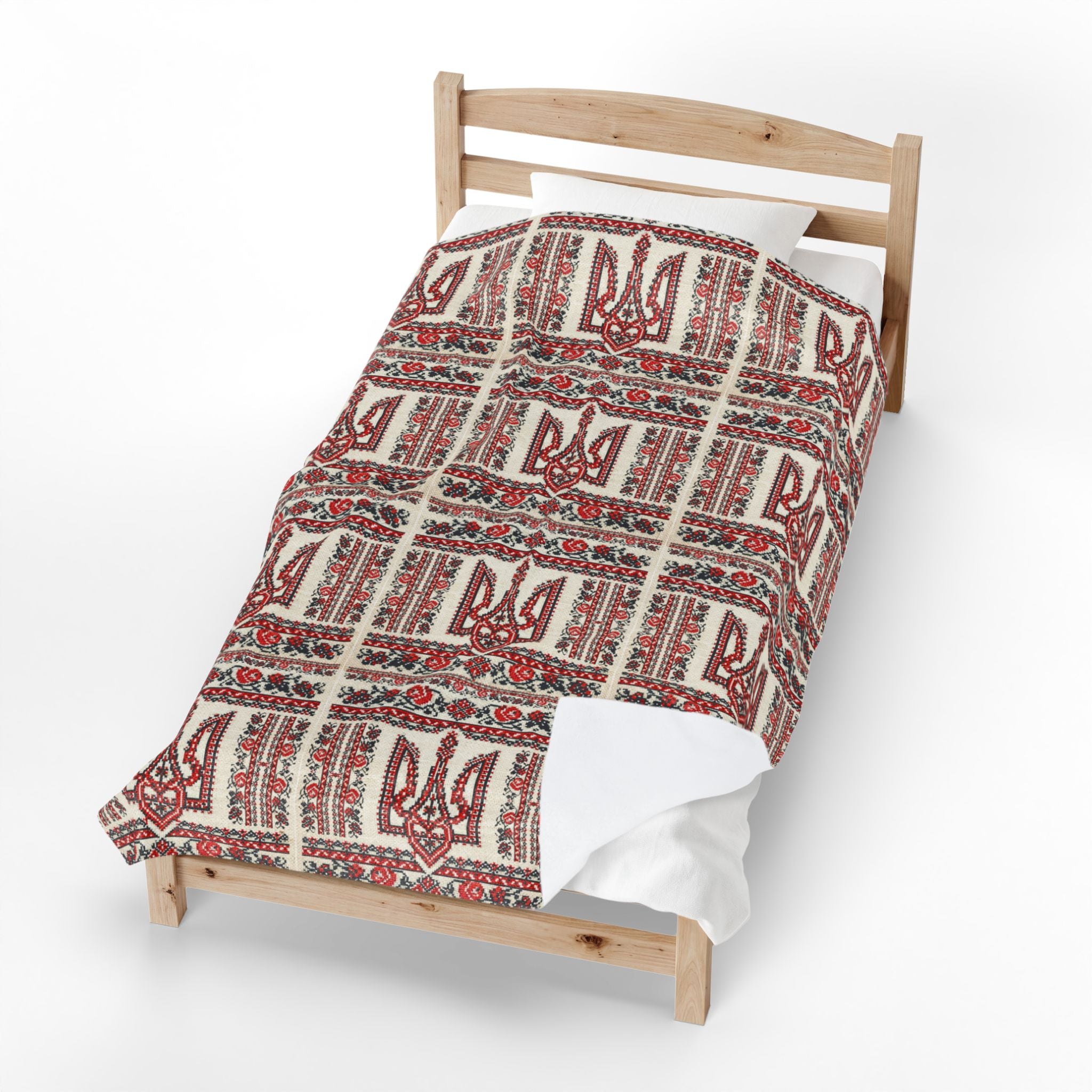 Tryzub Velvet Plush Blanket, Soft Red Black Embroidery Pattern, Ukrainian Folk Art Trident Throw