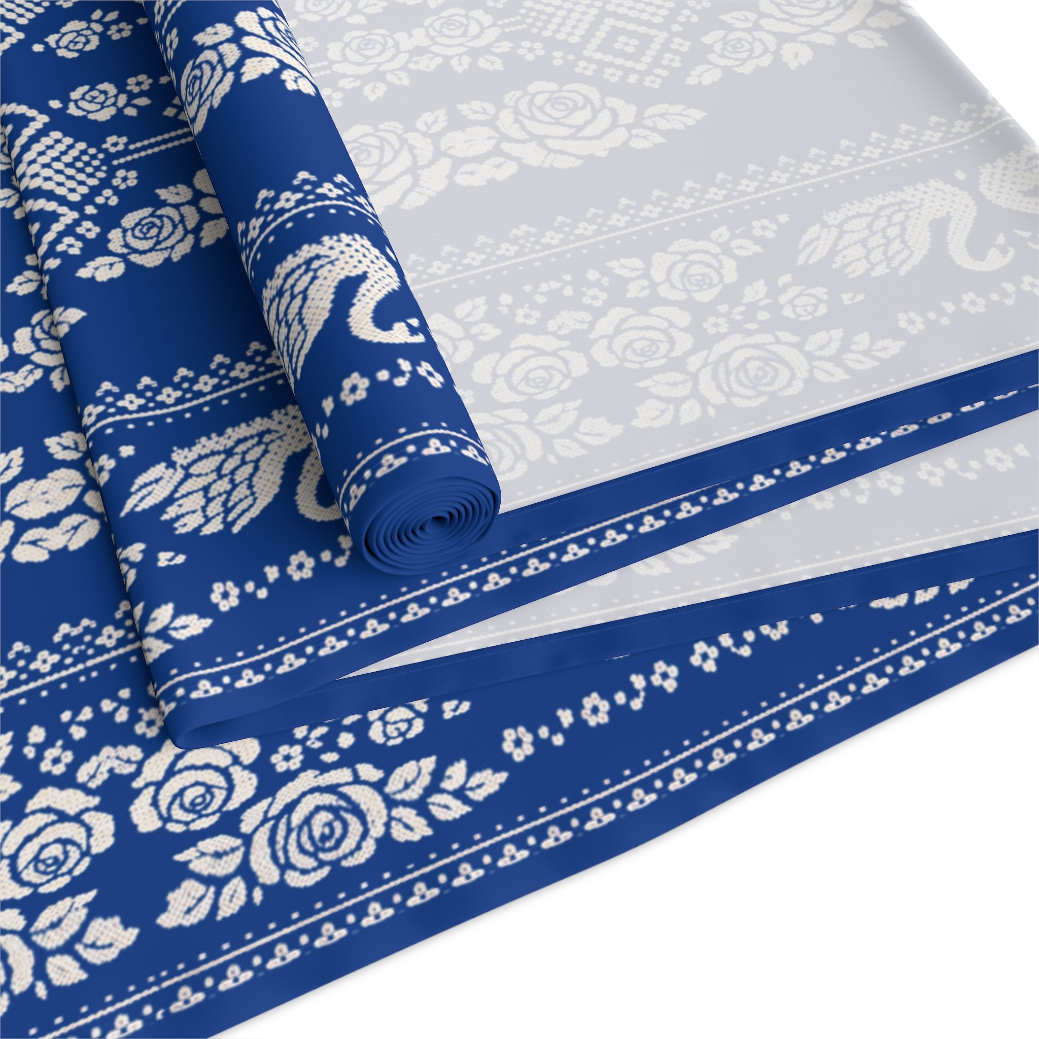 Wedding Swans Table Runner Blue  White Elegant Pattern, Romantic Table Decor