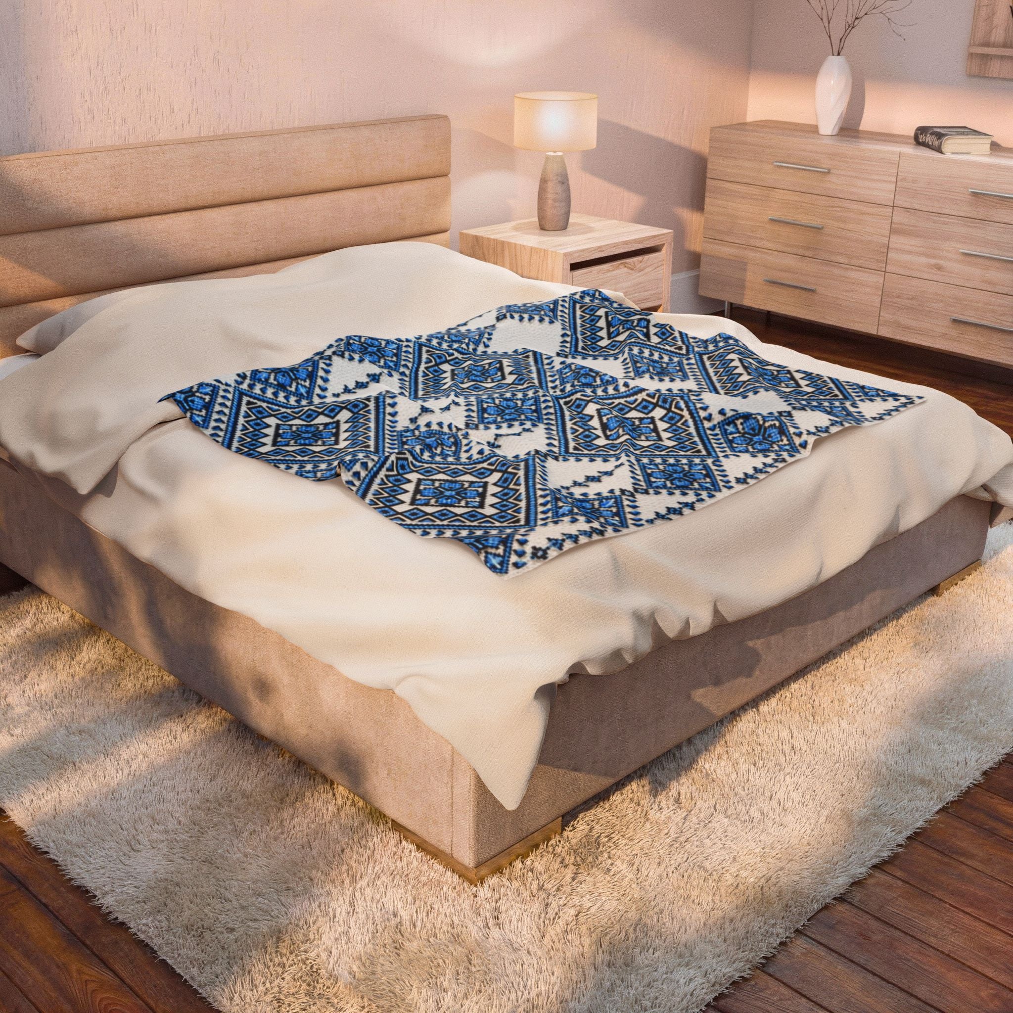 Blue Sky Folk Art Velveteen Plush Blanket | Ukrainian Heritage Geometric Throw